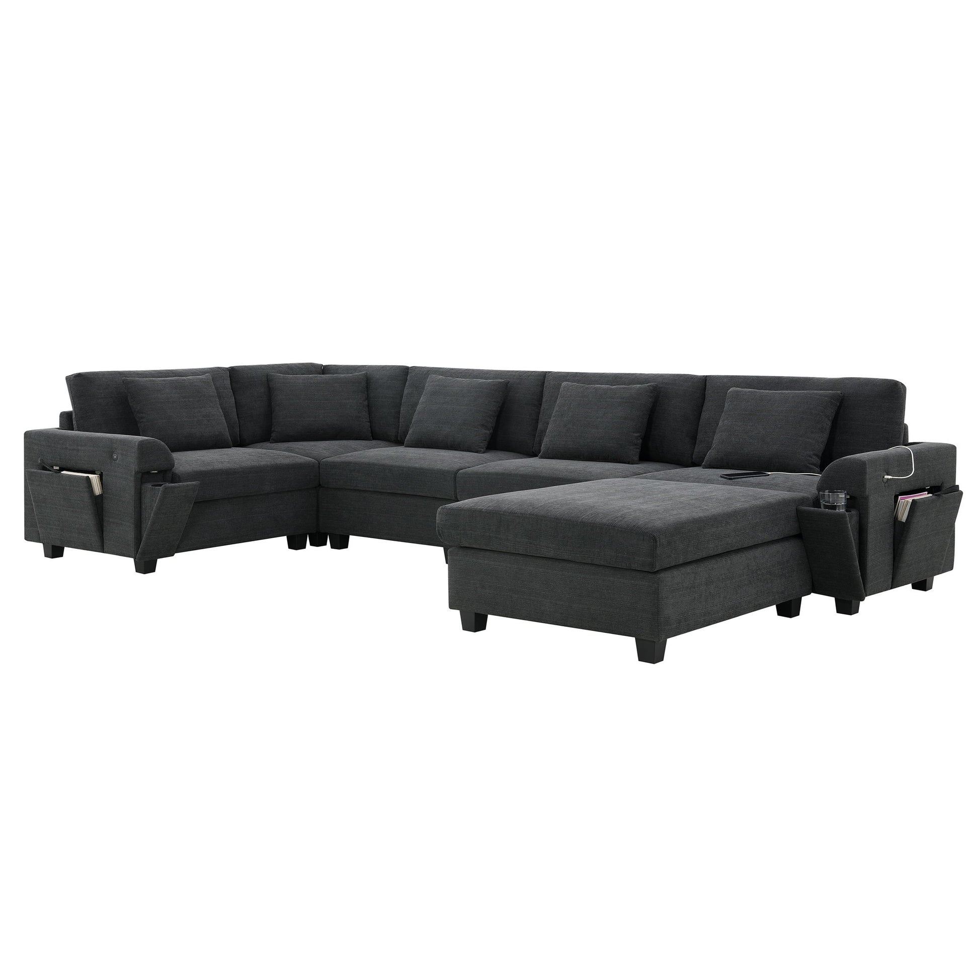 U Shaped Sectional Sofa 6 Seat Couch Set With Oversized Ottoman, Hidden Armrest Storage And Cup Holders USB Charging Ports Wide Seat Sofa - Best Buy Furniture