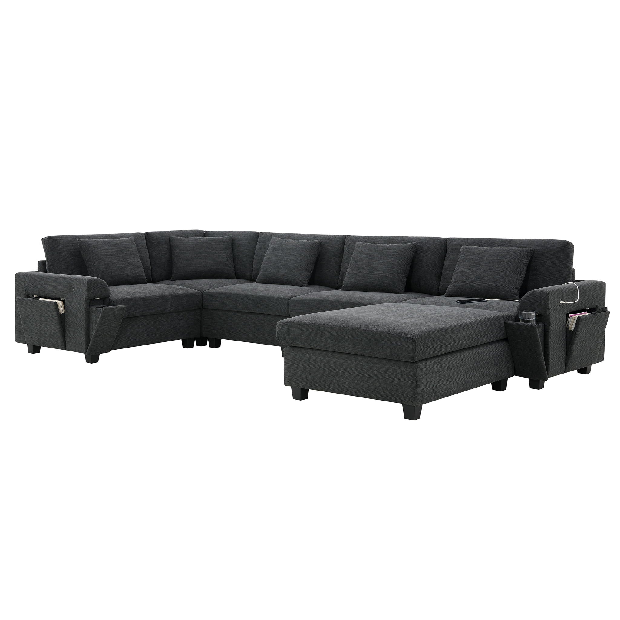 U Shaped Sectional Sofa 6 Seat Couch Set With Oversized Ottoman, Hidden Armrest Storage And Cup Holders USB Charging Ports Wide Seat Sofa - Best Buy Furniture