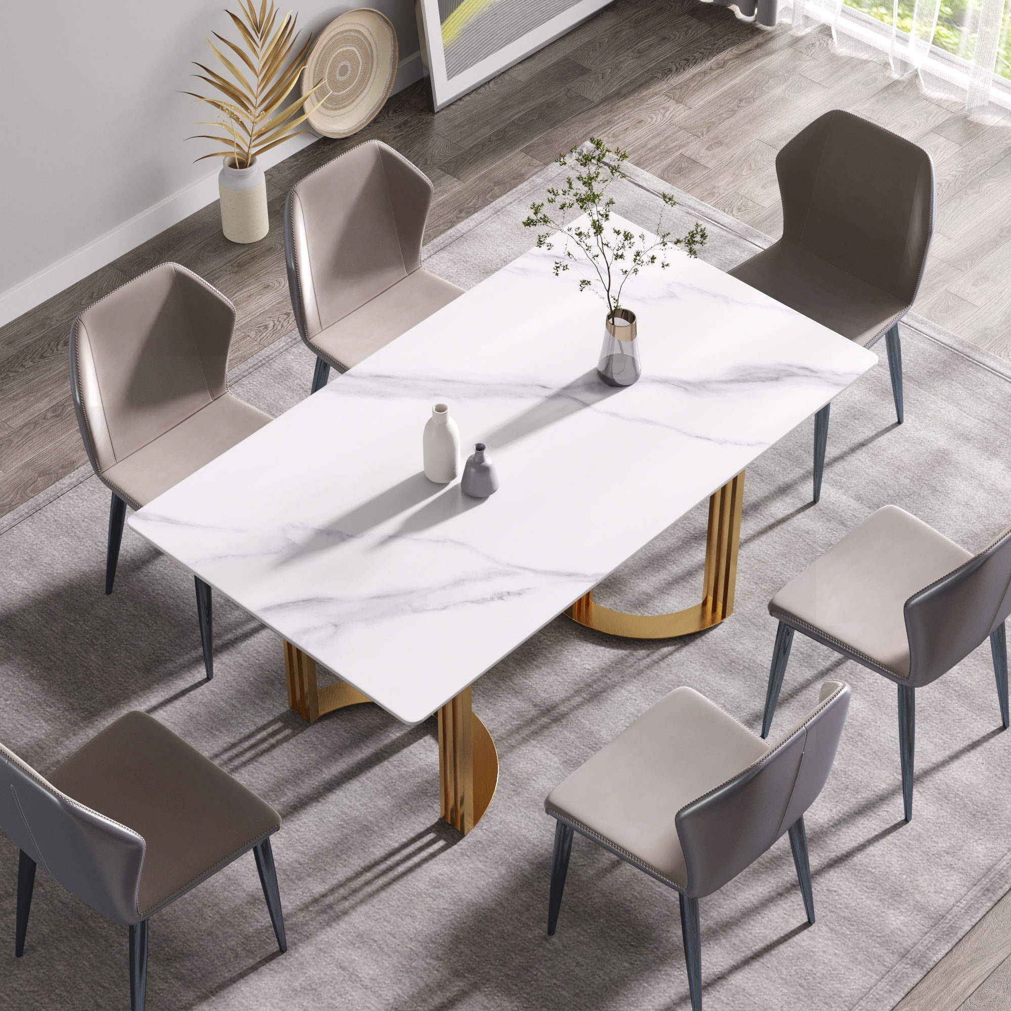 63" Modern Artificial Stone Straight Edge Metal Leg Dining Table, 6 People - White / Gold - Best Buy Furniture