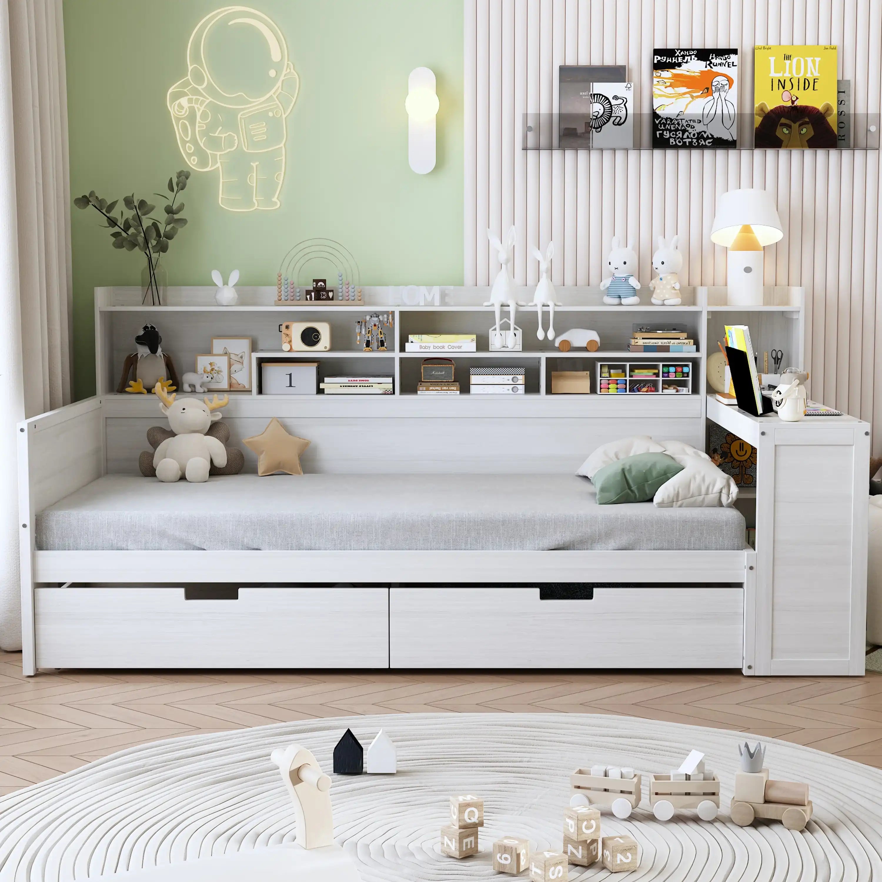 Wooden Twin Size Daybed with Storage Shelves, Multi-functional Bed with Two Storage Drawers and Study Desk, Antique White - Best Buy Furniture