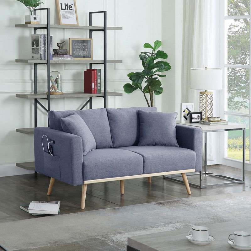 Easton - Linen Fabric Loveseat With USB Charging Ports Pockets And Pillows - Best Buy Furniture