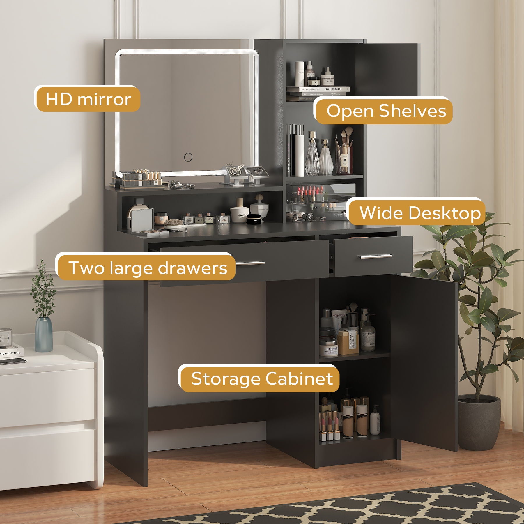 Vanity Desk With Mirror And LED Light Strip, Dressing Table With Large Drawer, 3 Level Storage Dresser & 3 Lighting Modes Adjustable Brightness, Suitable For Bedroom - Best Buy Furniture