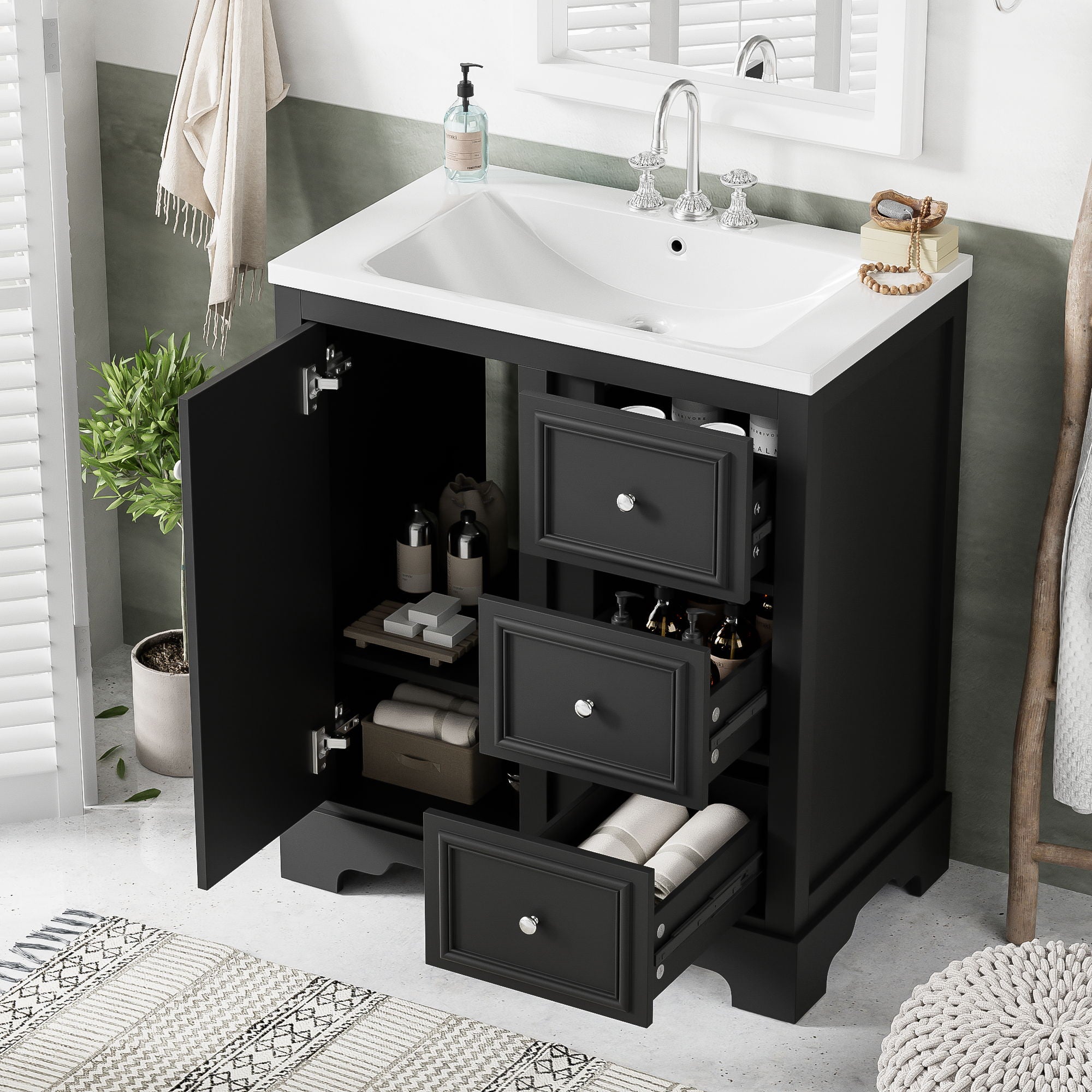 Bathroom Vanity Cabinet With Ceramic Basin, 3 Drawers And Adjustable Shelves - Best Buy Furniture
