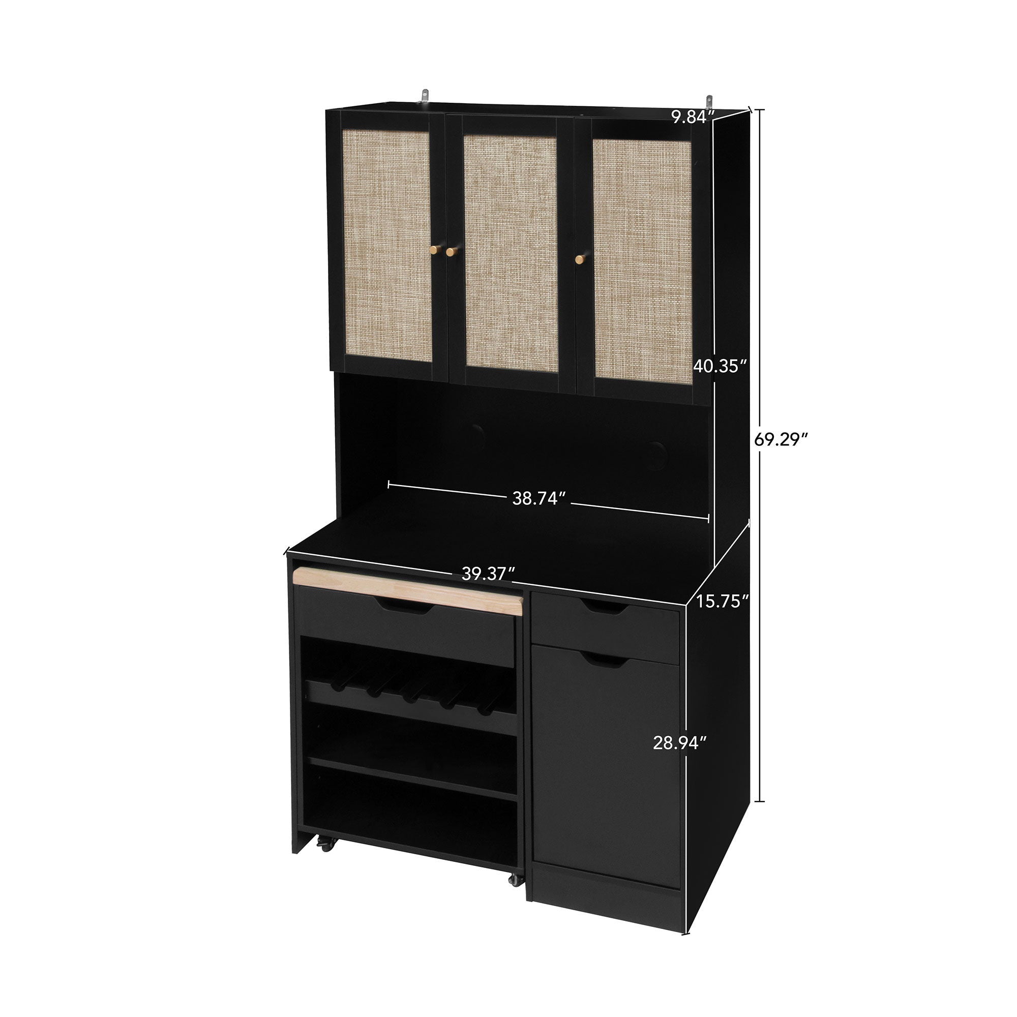 Kitchen Pantry Storage Cabinet, Modern Buffet Cabinet With Kitchen Cart, Tall Kitchen Hutch Cabinet With Microwave Stand, Food Pantry Cabinet With 3 Rattan Doors And Adjustable Shelves - Black - Best Buy Furniture