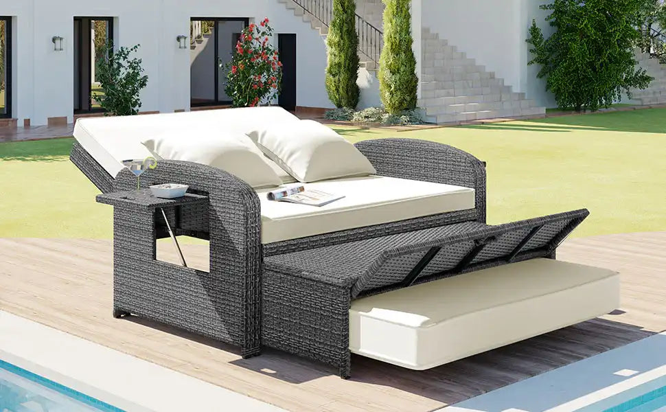 SunNest Wicker Rattan Double Chaise Lounge, 2-Person Reclining Daybed with Adjustable Back and Cushions - Best Buy Furniture