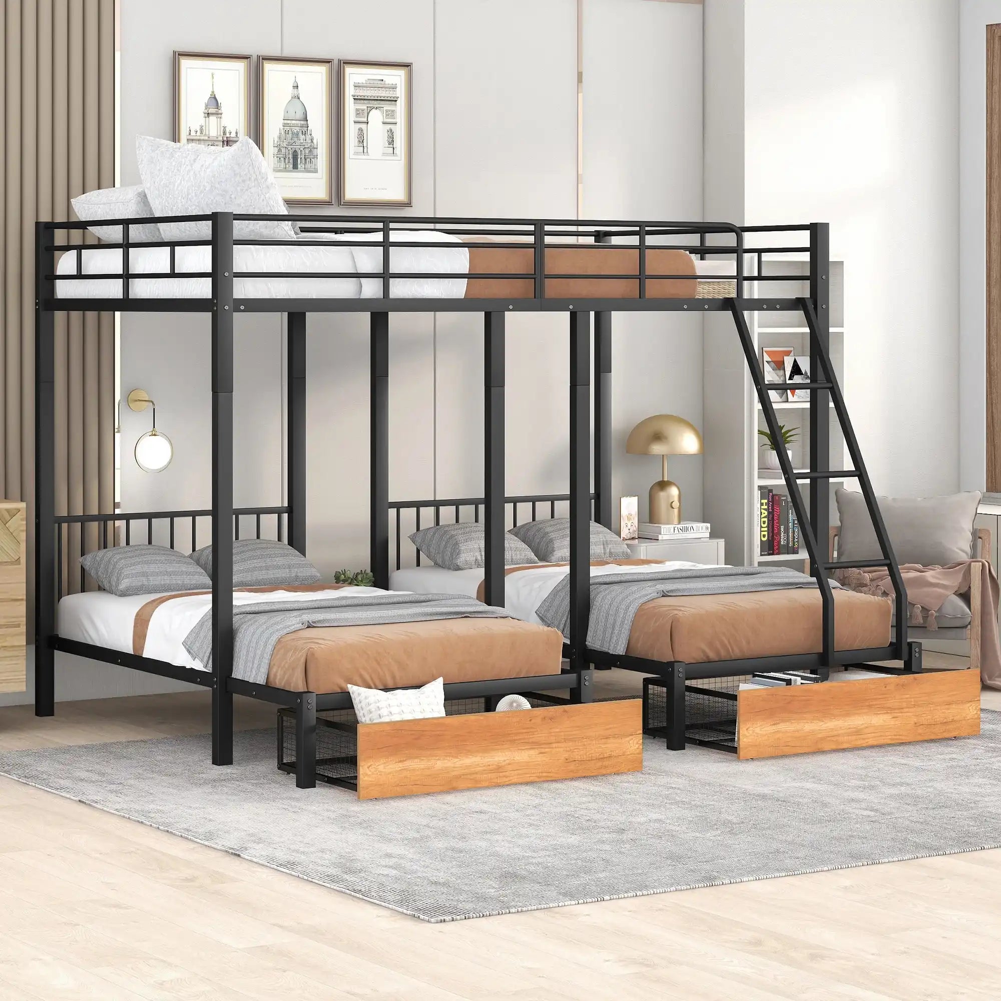 Full Over Twin & Twin Bunk Bed, Metal Triple Bunk Bed with Drawers and Guardrails, Black - Best Buy Furniture