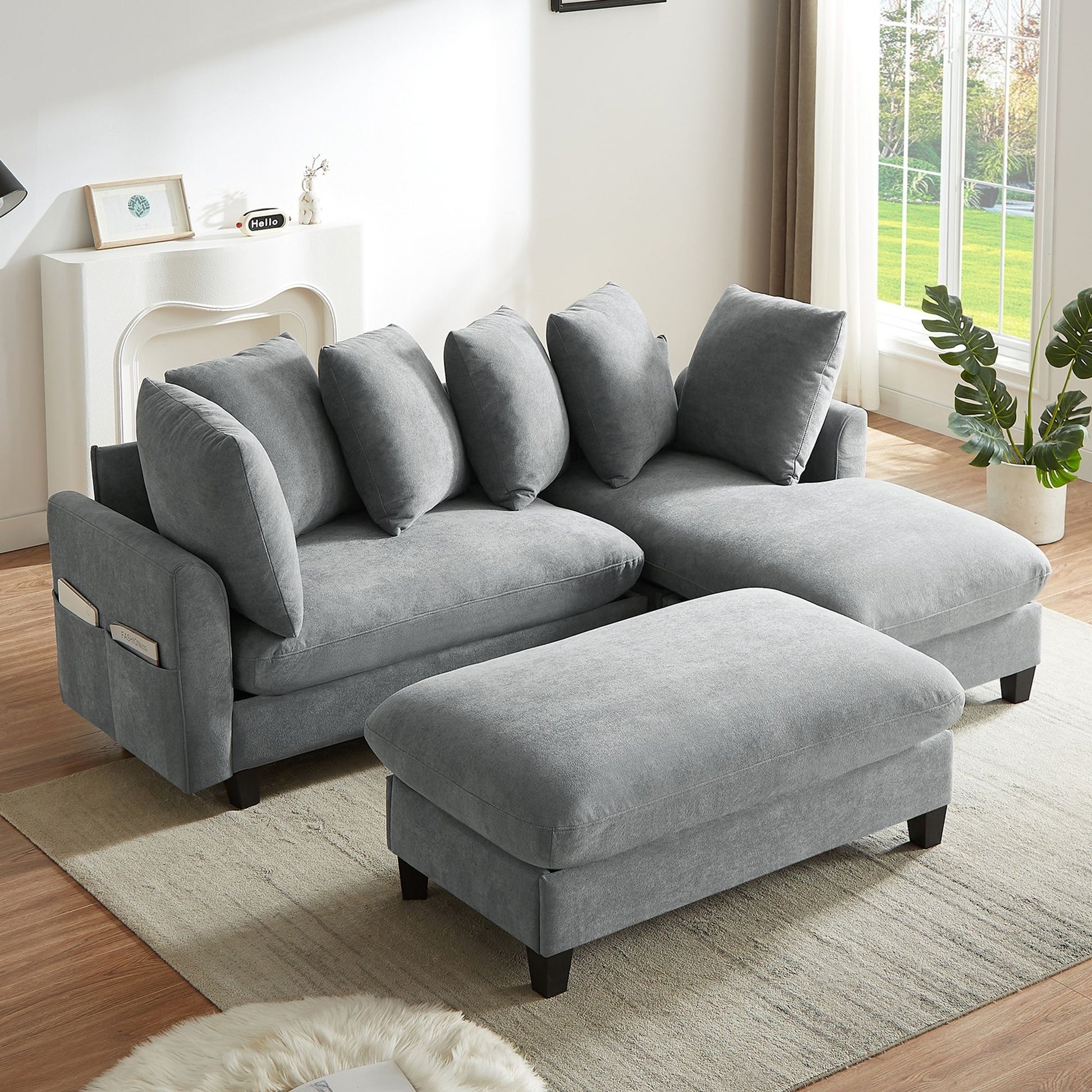 Upholstered L Shaped Sectional Sofa With Storage, Movable Ottoman, And 6 Throw Pillows - Best Buy Furniture