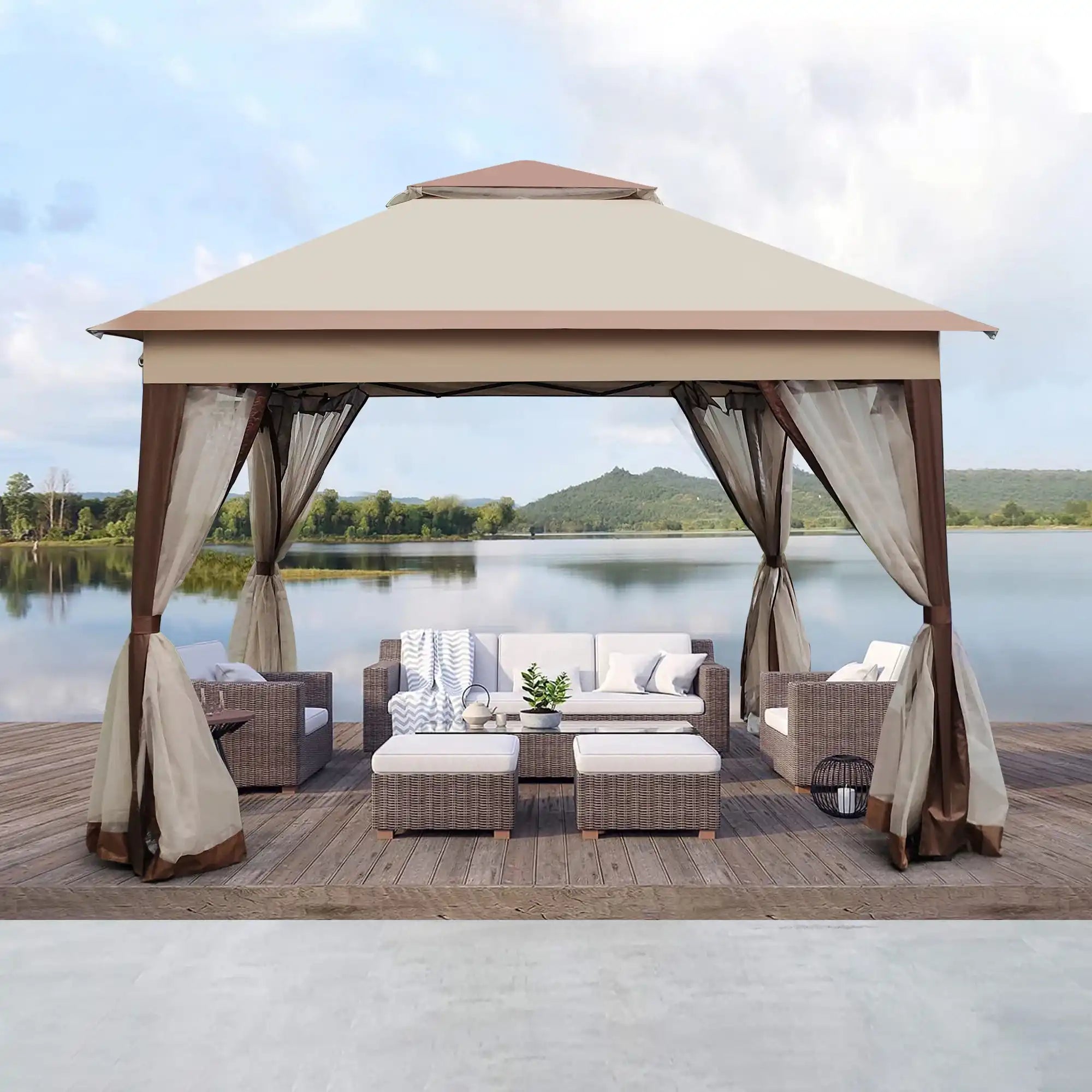 11x11 Ft Pop Up Gazebo Canopy with Removable Netting, Coffee - Best Buy Furniture