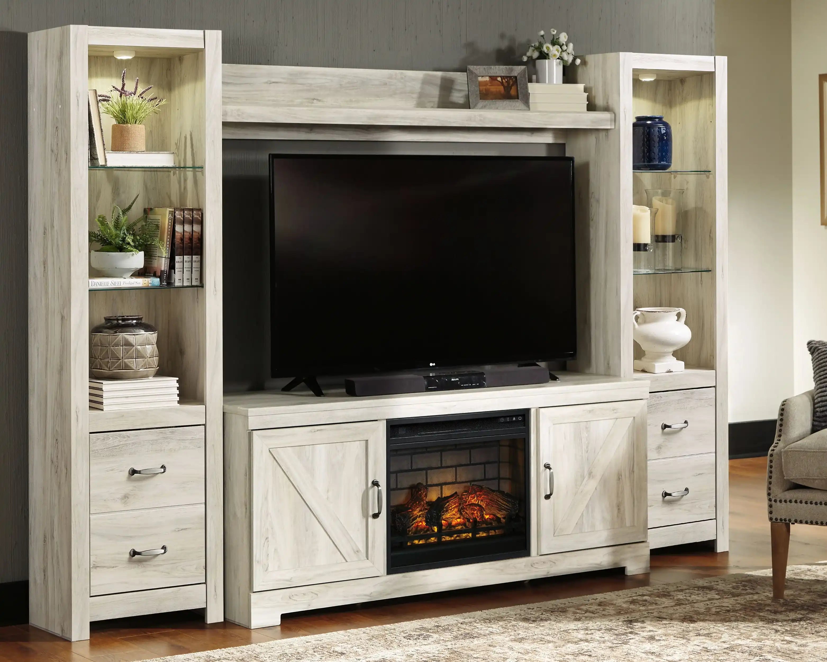 Bellaby - Entertainment Center - TV Stand With Faux Firebrick Fireplace Insert - Whitewash - Best Buy Furniture