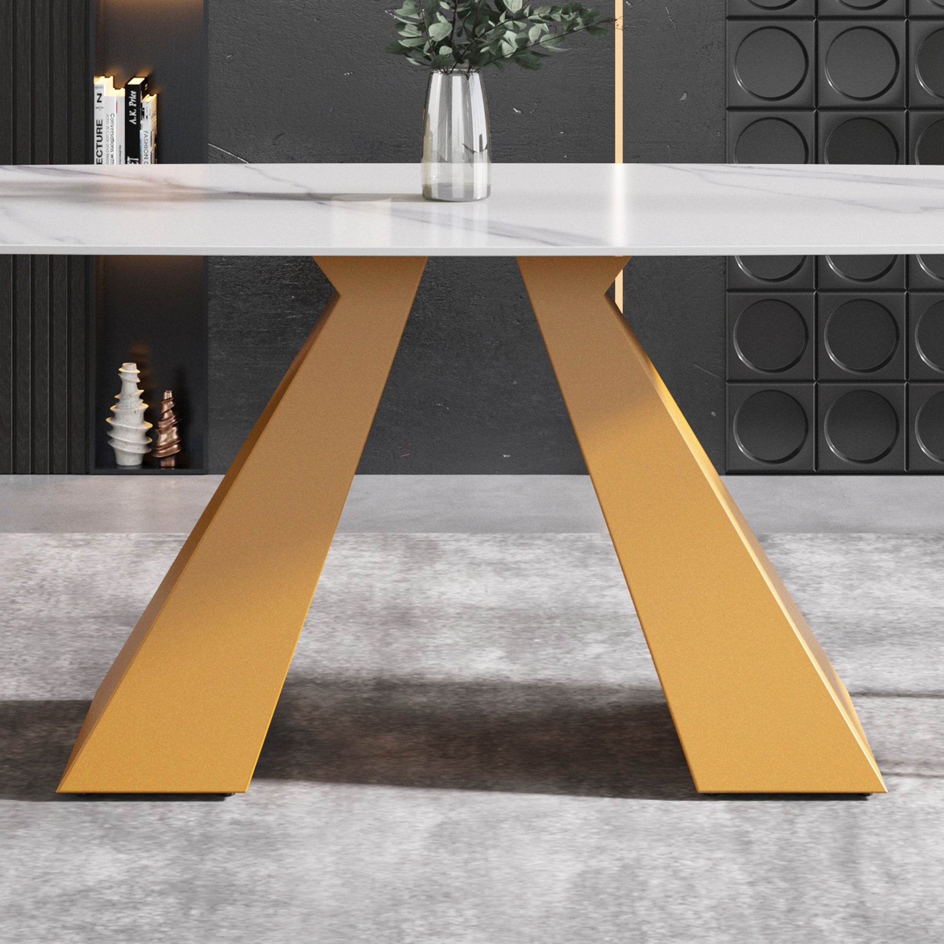 Modern Artificial Stone Curved Metal Leg Dining Table, Can Accommodate 6-8 People - White / Gold - Best Buy Furniture