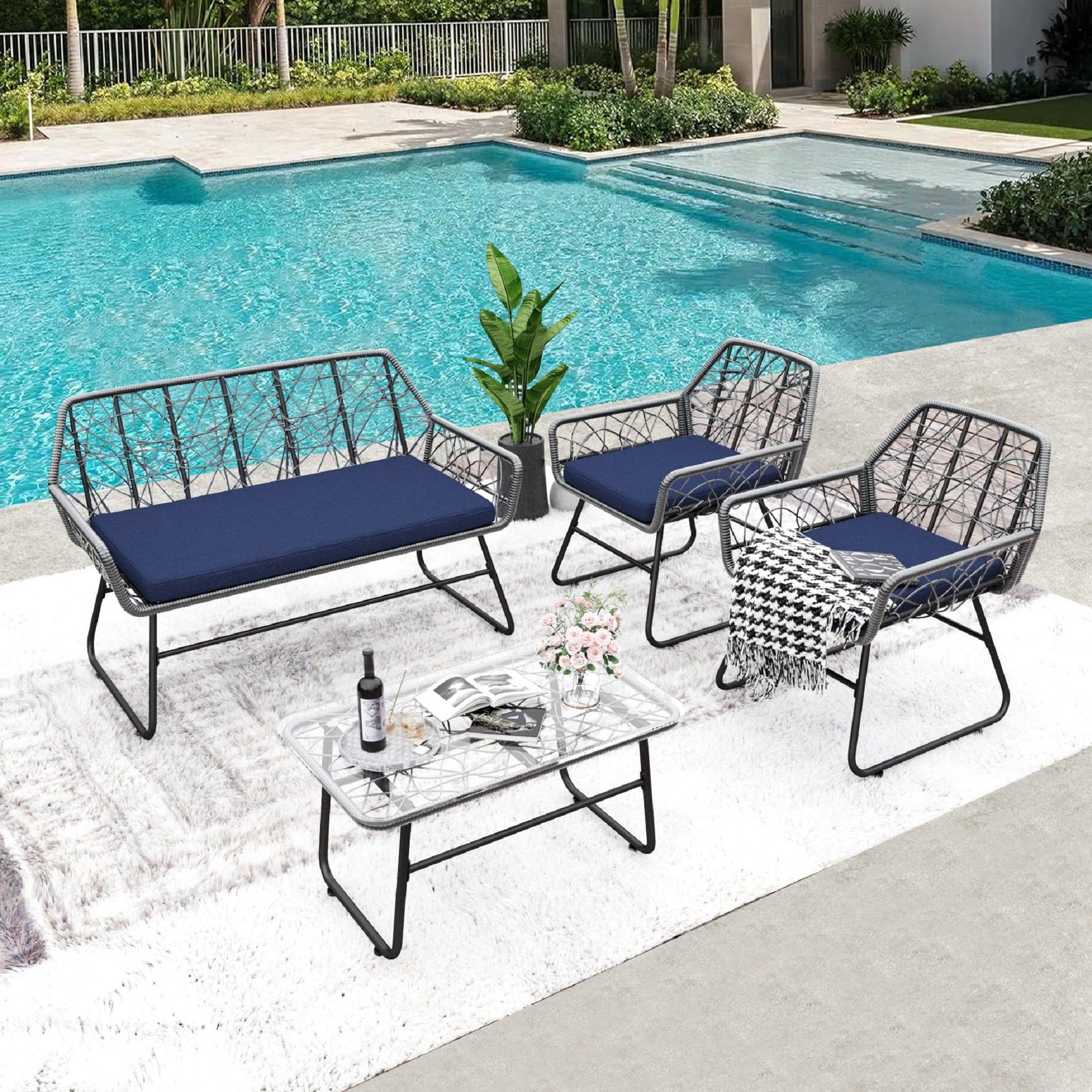 4 Piece Wicker Patio Furniture Set With Tempered Glass Table And Detachable Cushions - Best Buy Furniture