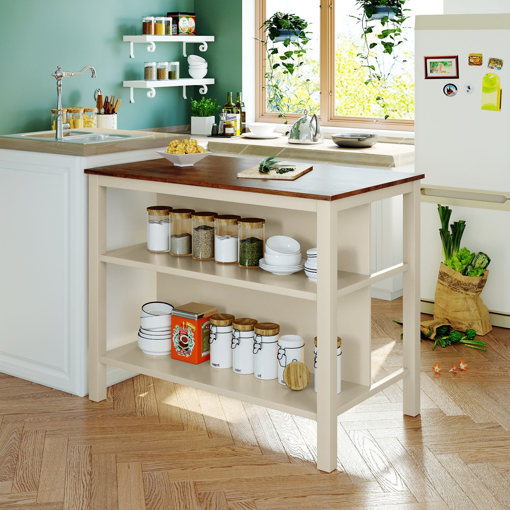 Rustic 3 Piece Stationary Kitchen Island Set With 2 Seatings, With 2 Open Shelves - Best Buy Furniture
