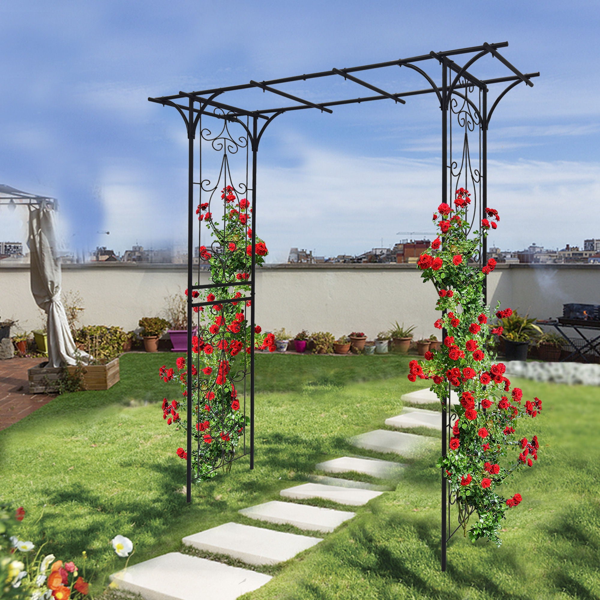 Metal Garden Arch Climbing Plants Support Rose Arch Outdoor - Black - Best Buy Furniture