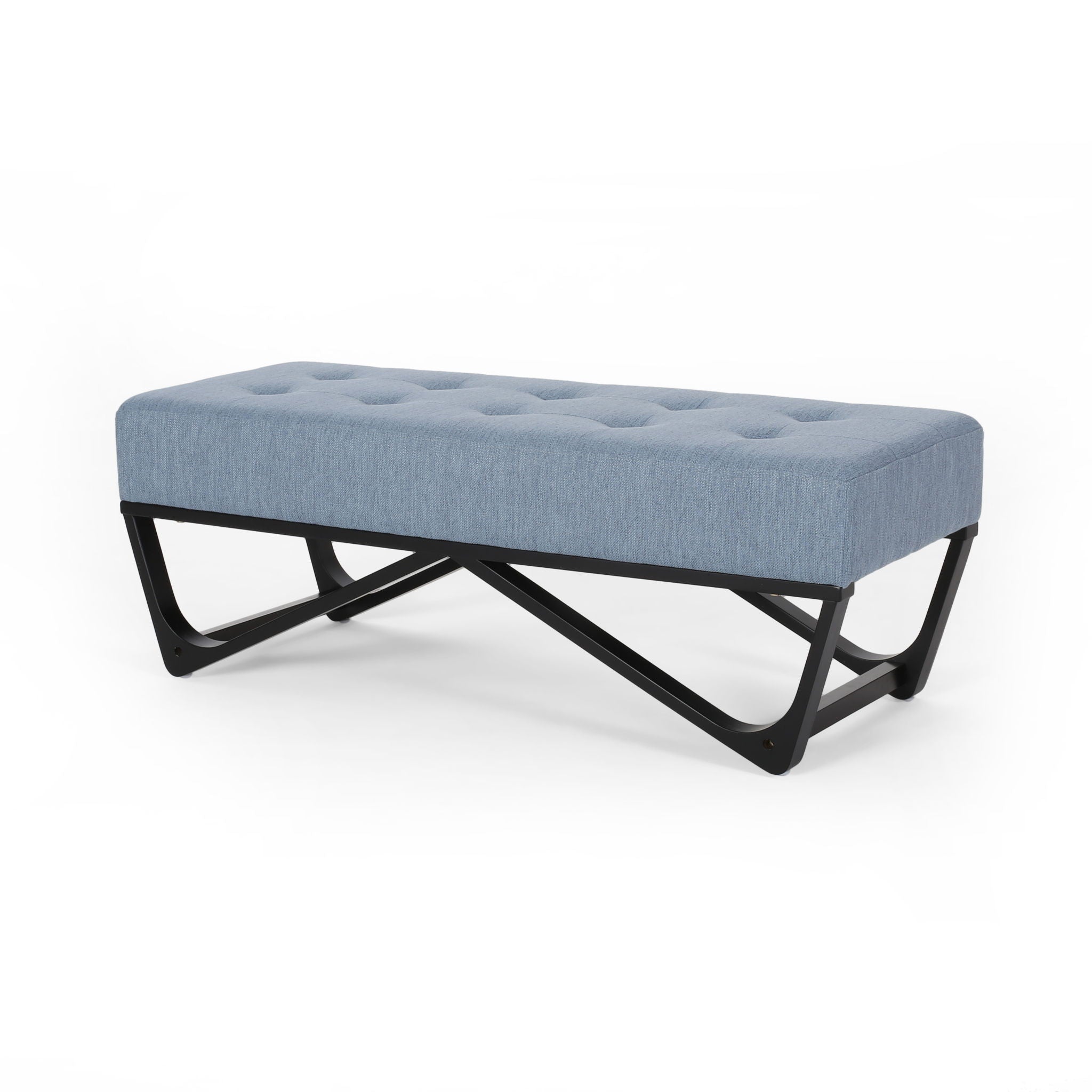 Upholstered Ottoman With Button Tufted Waffle Stitch And Black Geometric Legs - Light Blue - Best Buy Furniture