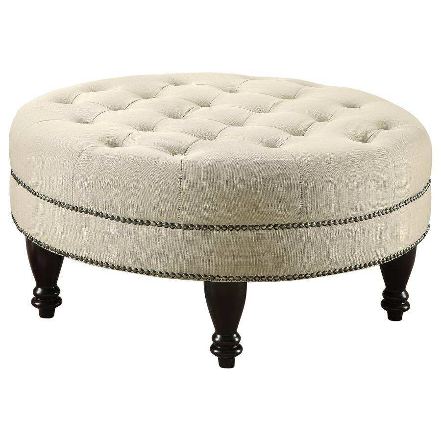 Elchin - Round Upholstered Tufted Ottoman - Oatmeal - Best Buy Furniture