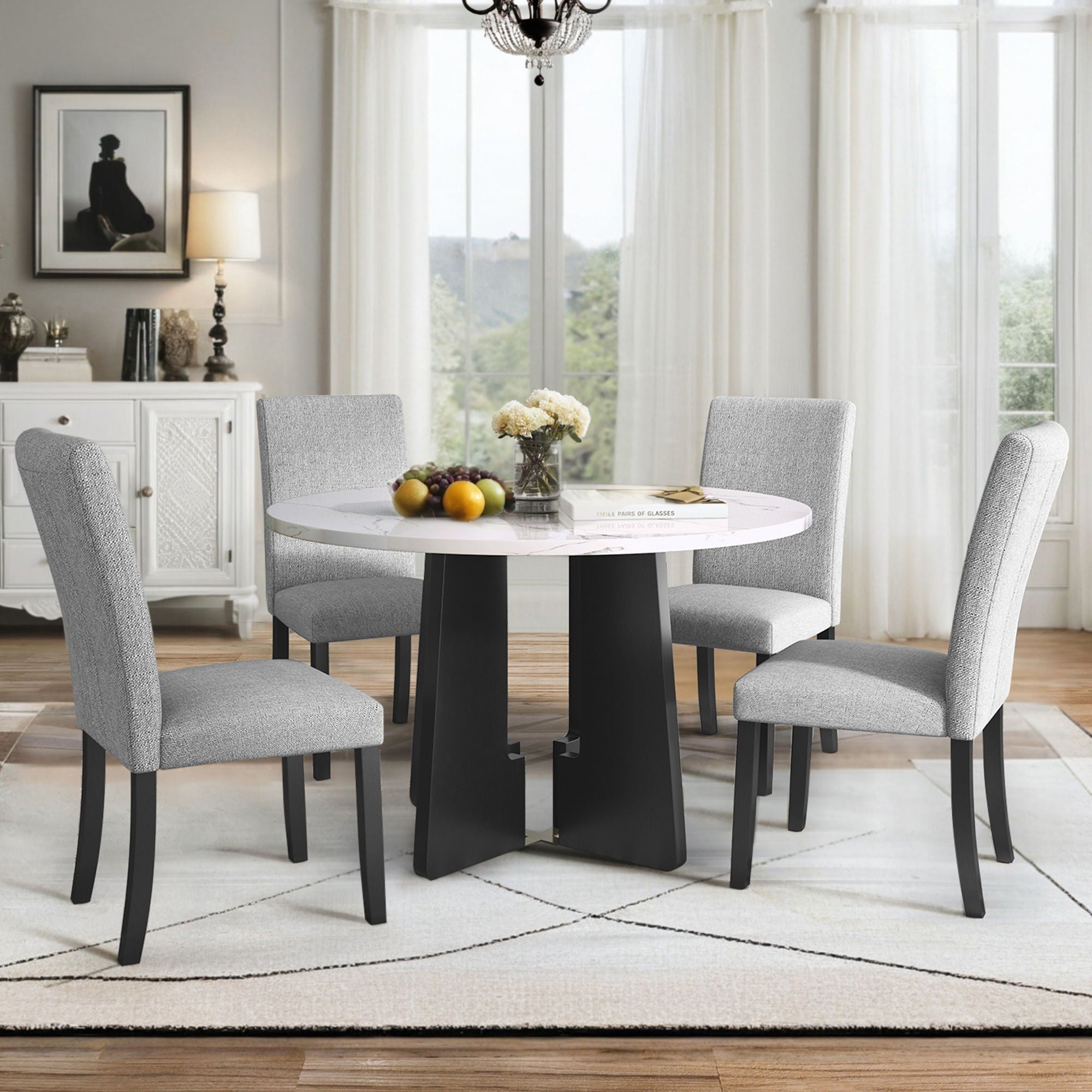 5 Piece Round Dining Table Set, Dining Table And 4 Upholstered Chairs For Dining Room, Kitchen Room, Living Room - White / Gray - Best Buy Furniture