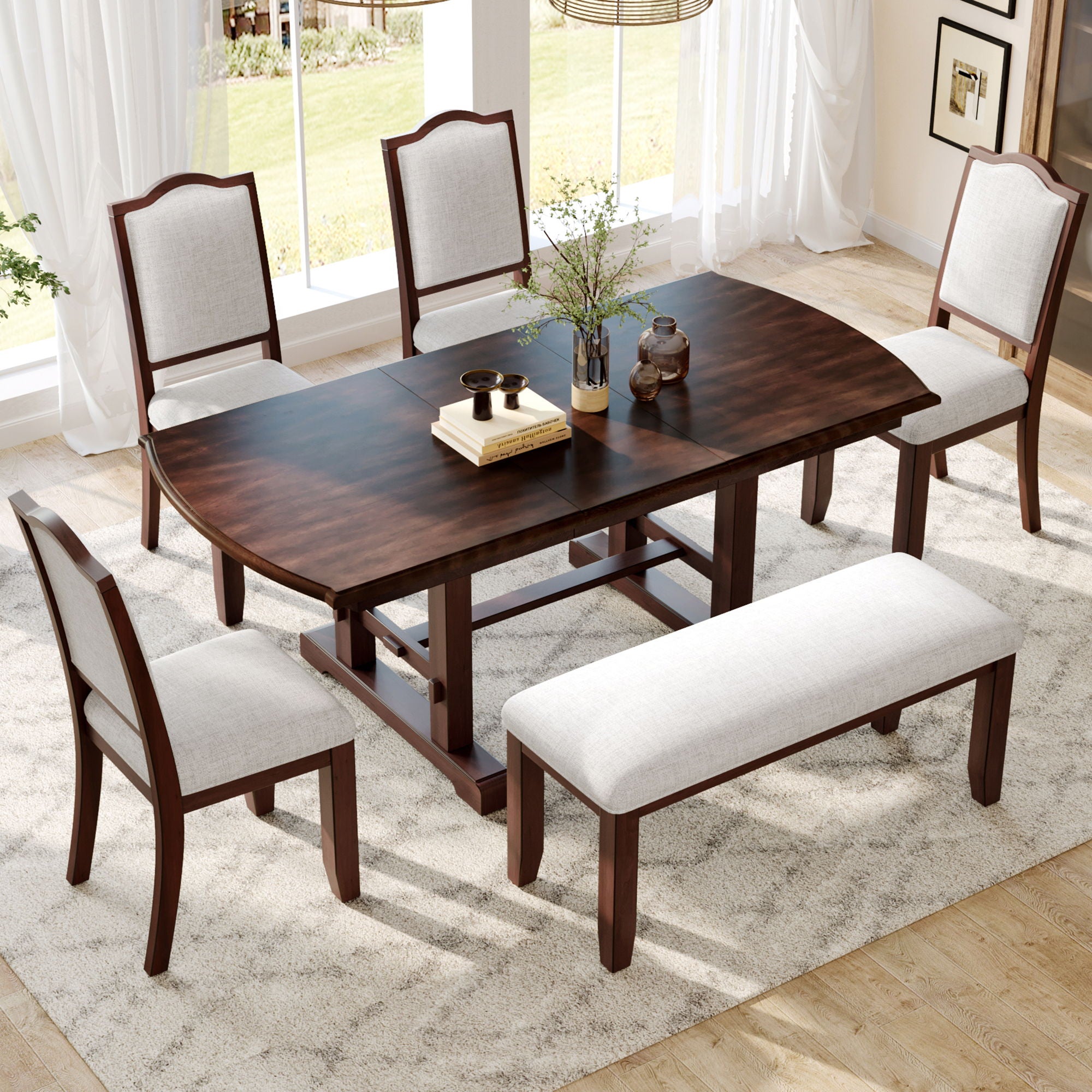 6 Piece Extendable Dining Table Set, Wood Table With Removable Leaf, 4 Upholstered Chairs And Bench - Cherry - Best Buy Furniture