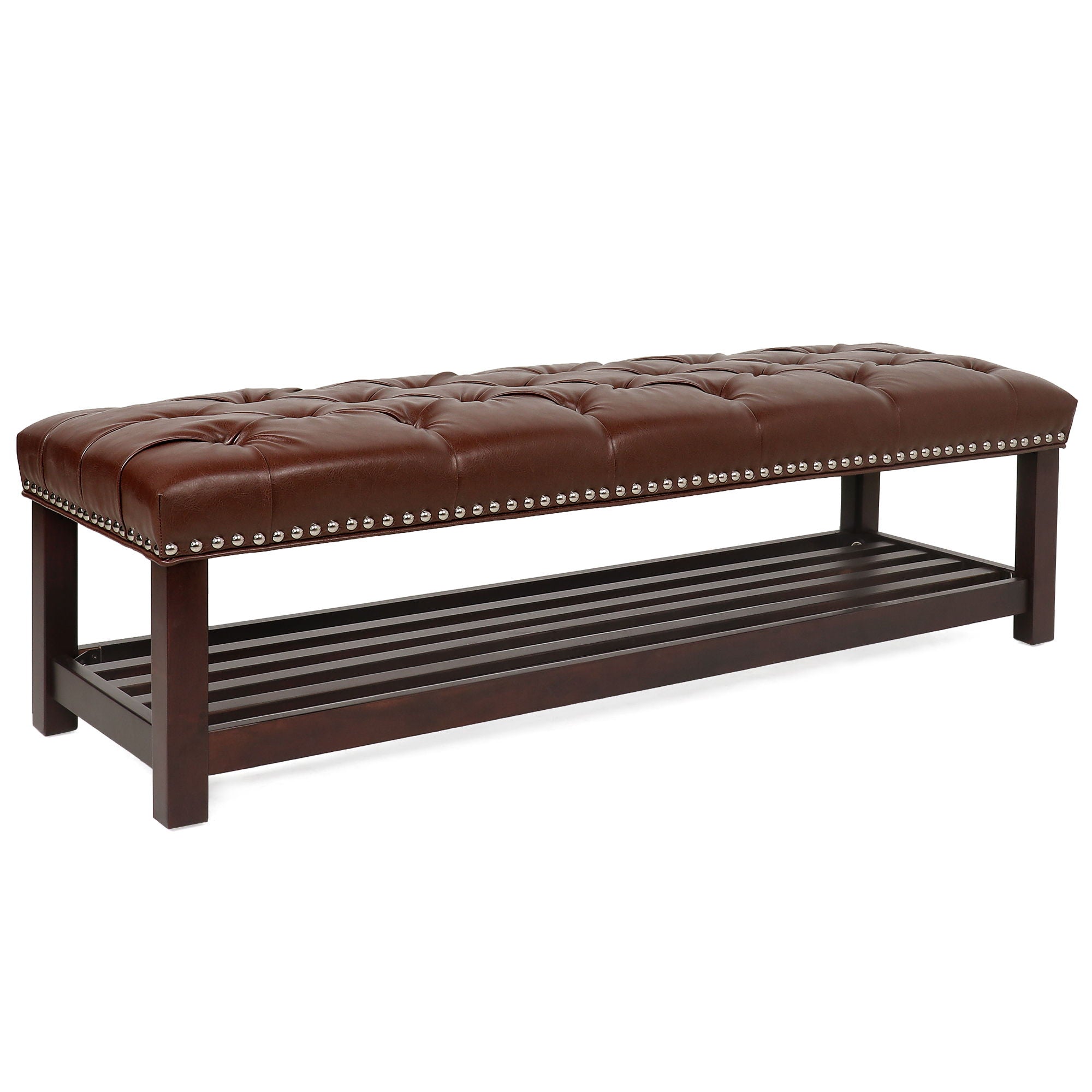 Bedroom End Of Bed Bench Tufted Upholstered End Of Bed Bench End Of Bed Entrance Shoe Bench With Nailhead Trim And Shelf Bedroom Upholstered Leather Bench Living Room Shoe Rack Footstool - Best Buy Furniture