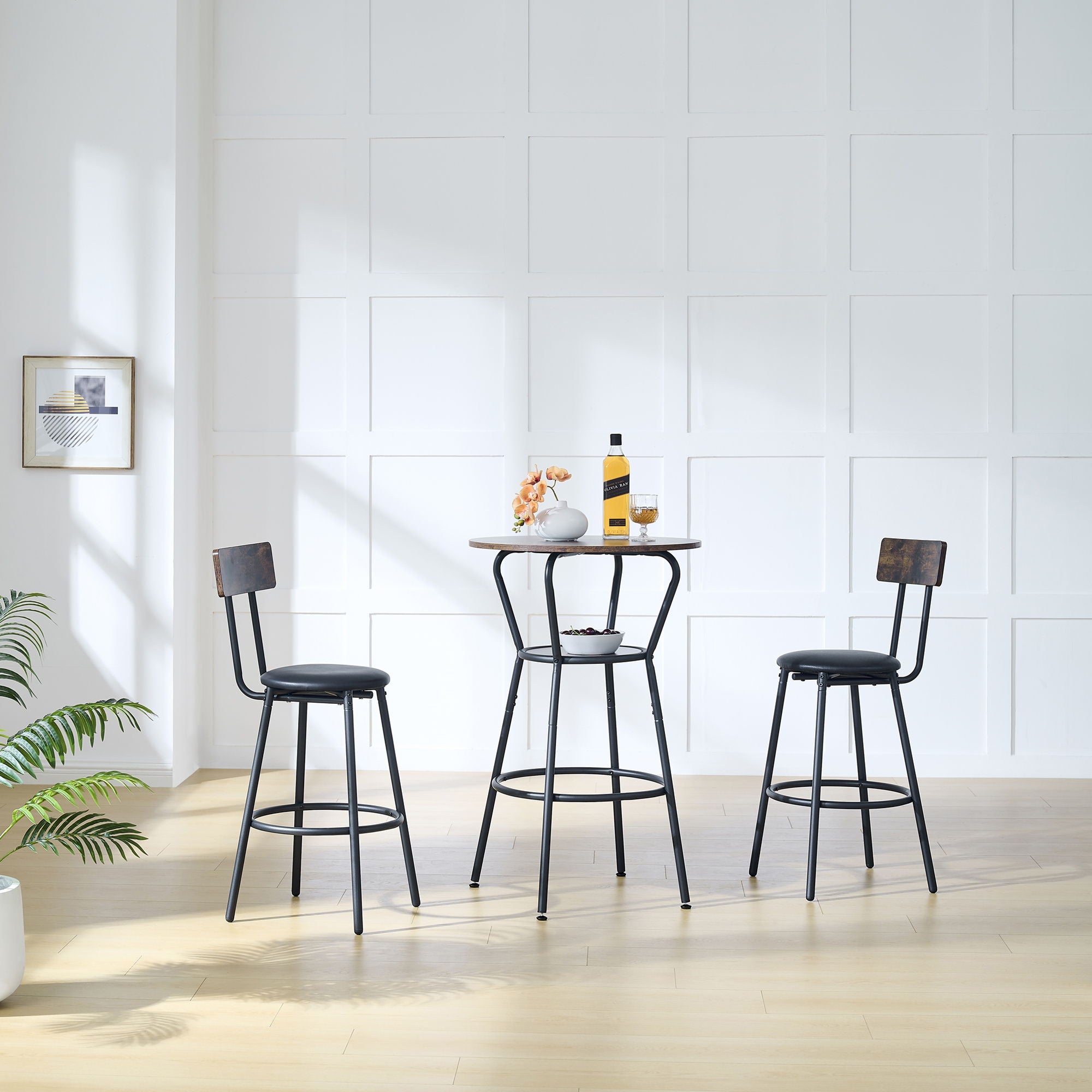 Rustic Brown Round Bar Table And Stool Set With Shelf, Upholstered Stool With Backrest - Antique Brown - Best Buy Furniture