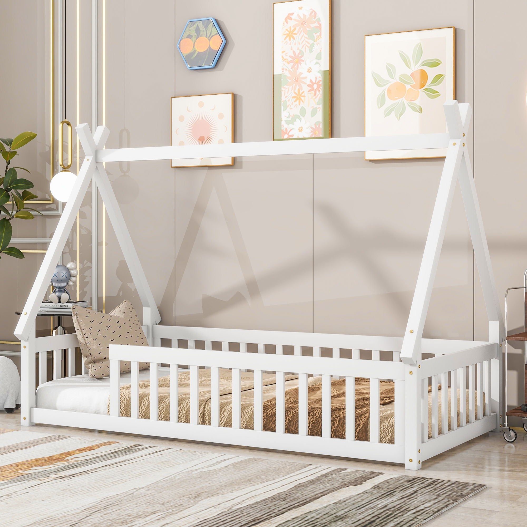 Tent-Shaped Floor Bed, Teepee Bed With Guardrails, Slats - Best Buy Furniture