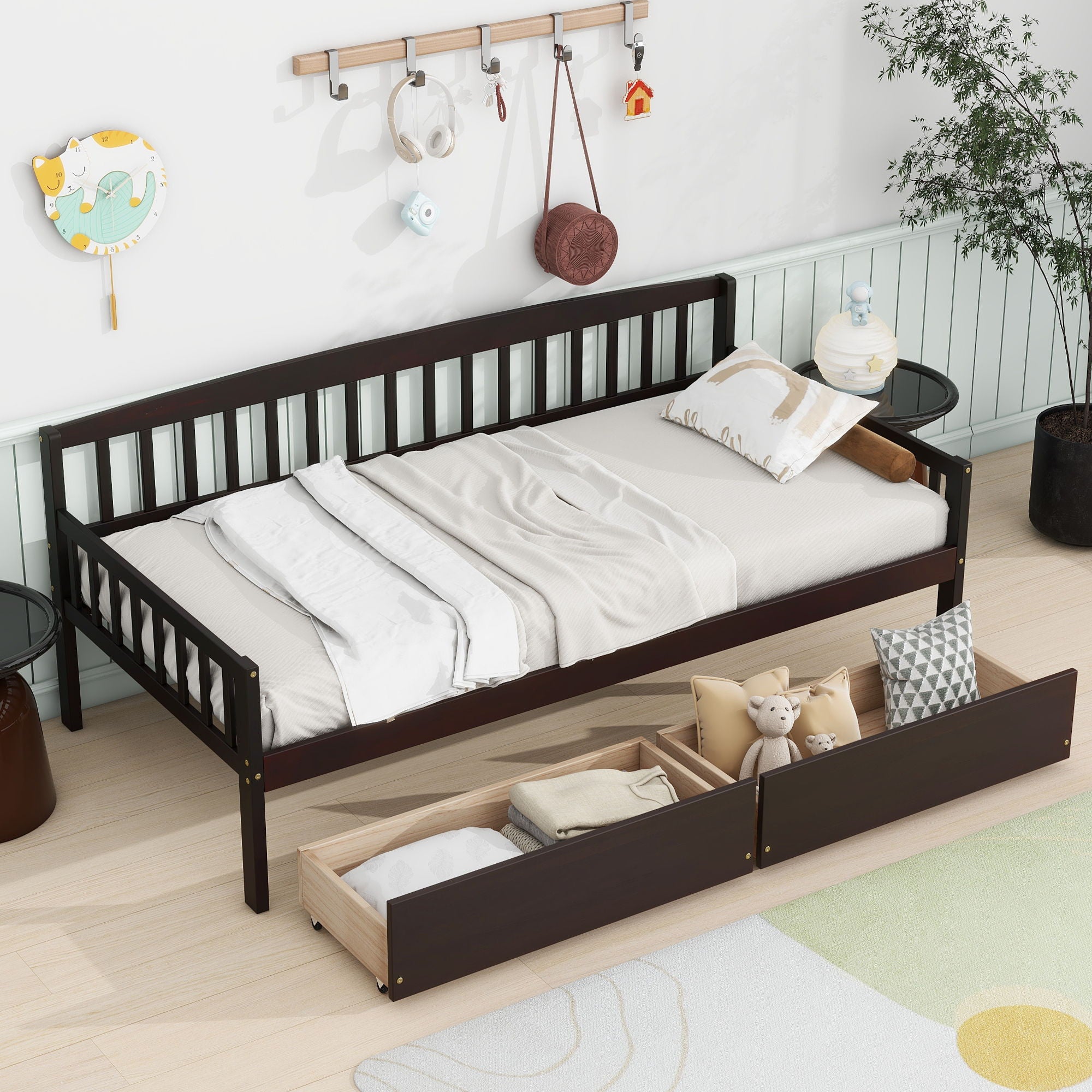 Pine Wood Daybed With Two Storage Drawers, Sofa Bed With Bed Platform Of 10 Support Slats - Best Buy Furniture
