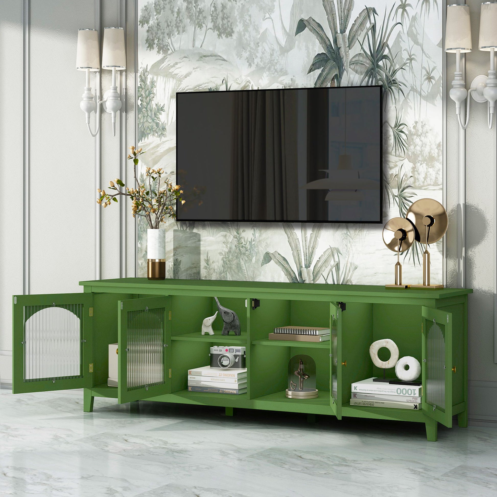 StylishTVcabinet Entertainment CenterTV Stand, TVconsoletable, Media Console, Solidwood Frame, Changhong Glass Door, Metal Handle - Best Buy Furniture