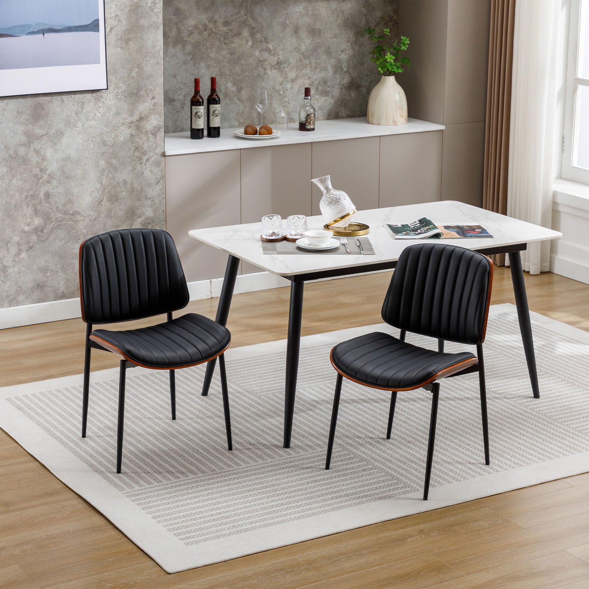 Dining Chairs (Set of 2) Mid-Century Modern Retro Faux Leather Chair With Bentwood Upholstered Seat Metal Legs Adjustable Foot For Kitchen Dining Room Chairs - Best Buy Furniture