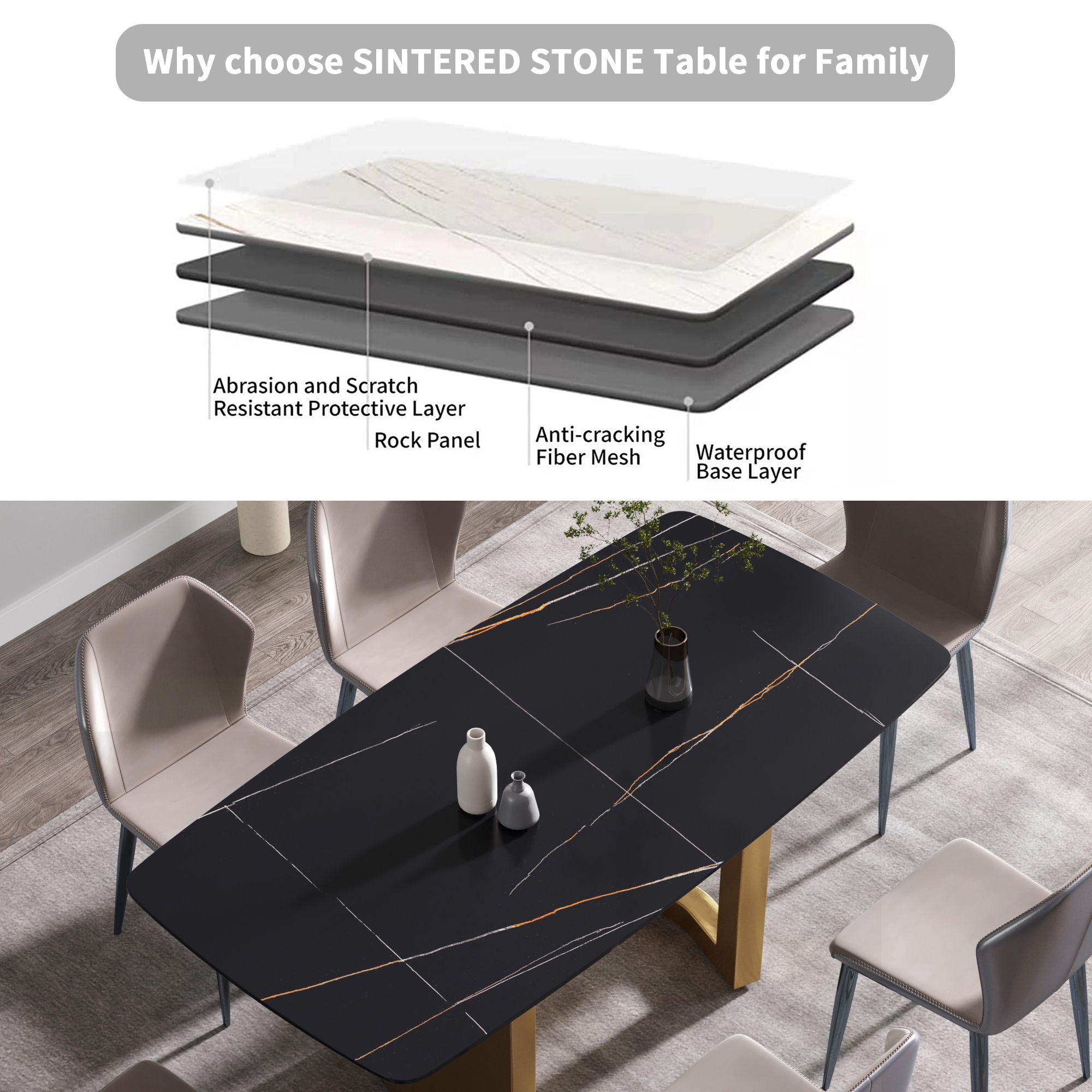 Modern Artificial Stone Dining Table, Can Accommodate 6-8 People - Black - Best Buy Furniture
