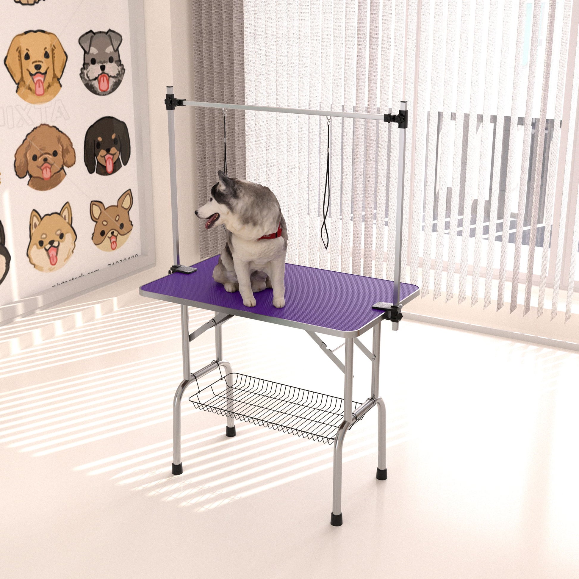 Folding Dog Pet Grooming Table Stainless Steel Frame Rubber Mat On Board With Adjustable Arm And Clamps Pet Dog Cat Grooming Table - Best Buy Furniture