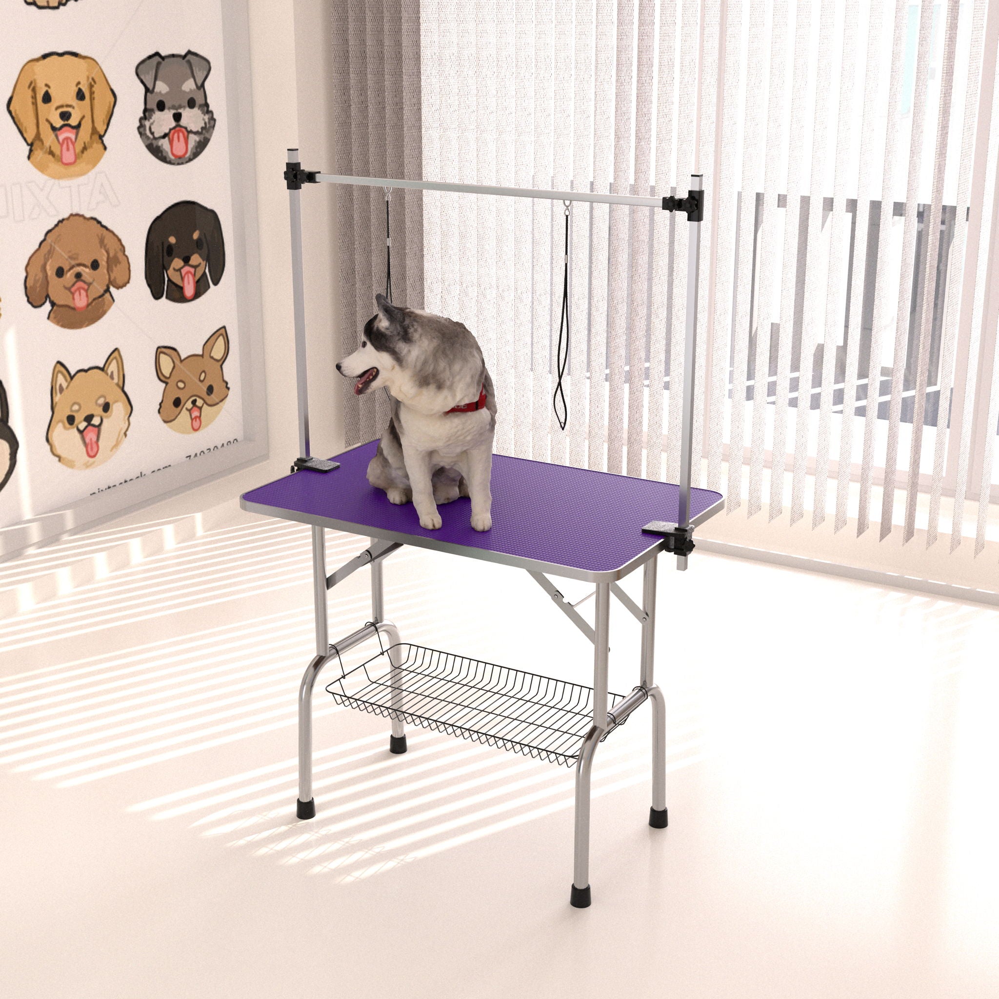 Folding Dog Pet Grooming Table Stainless Steel Frame Rubber Mat On Board With Adjustable Arm And Clamps Pet Dog Cat Grooming Table - Best Buy Furniture