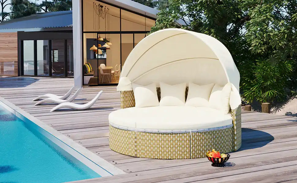 TOPMAX Round Outdoor Sectional Sofa Set Rattan Daybed - Best Buy Furniture