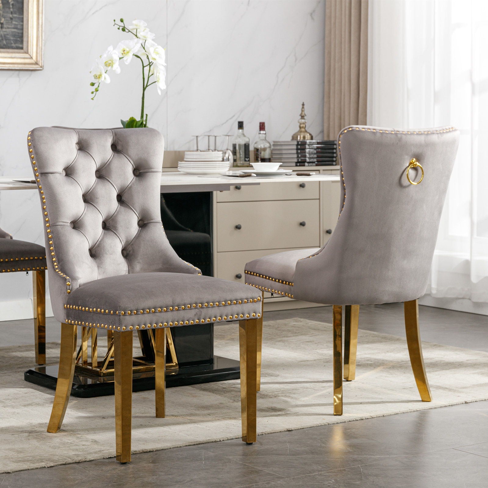 Nikki - Modern, High-End Tufted Solid Wood Contemporary Velvet Upholstered Dining Chair With Golden Stainless Steel Plating Legs, Nailhead Trim (Set of 2) - Best Buy Furniture
