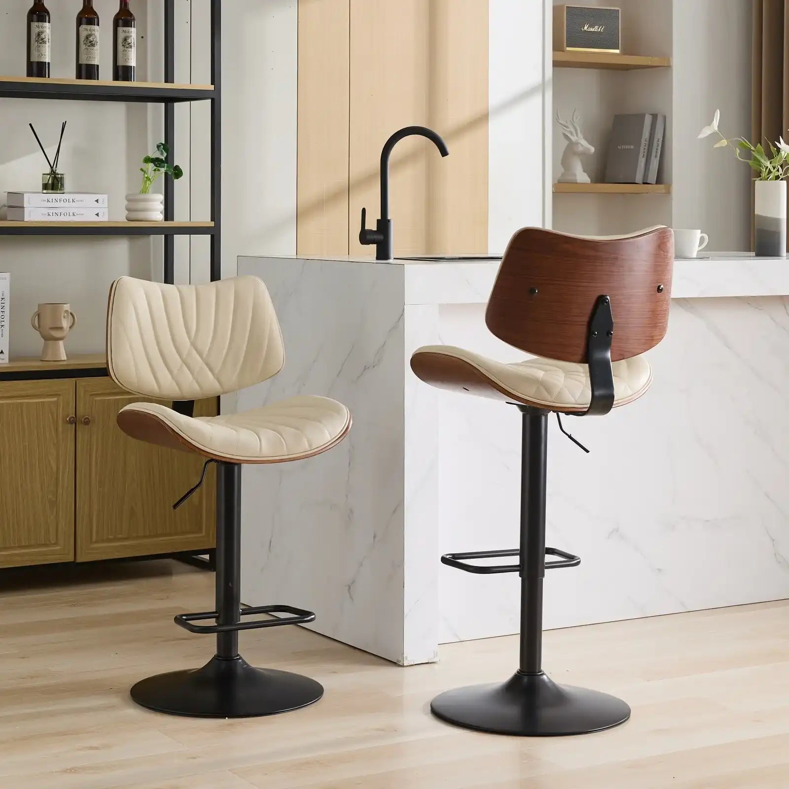 Mid Century Modern Walnut Bar Stool, Adjustable Black Leather Swivel Chair, Beige - Best Buy Furniture