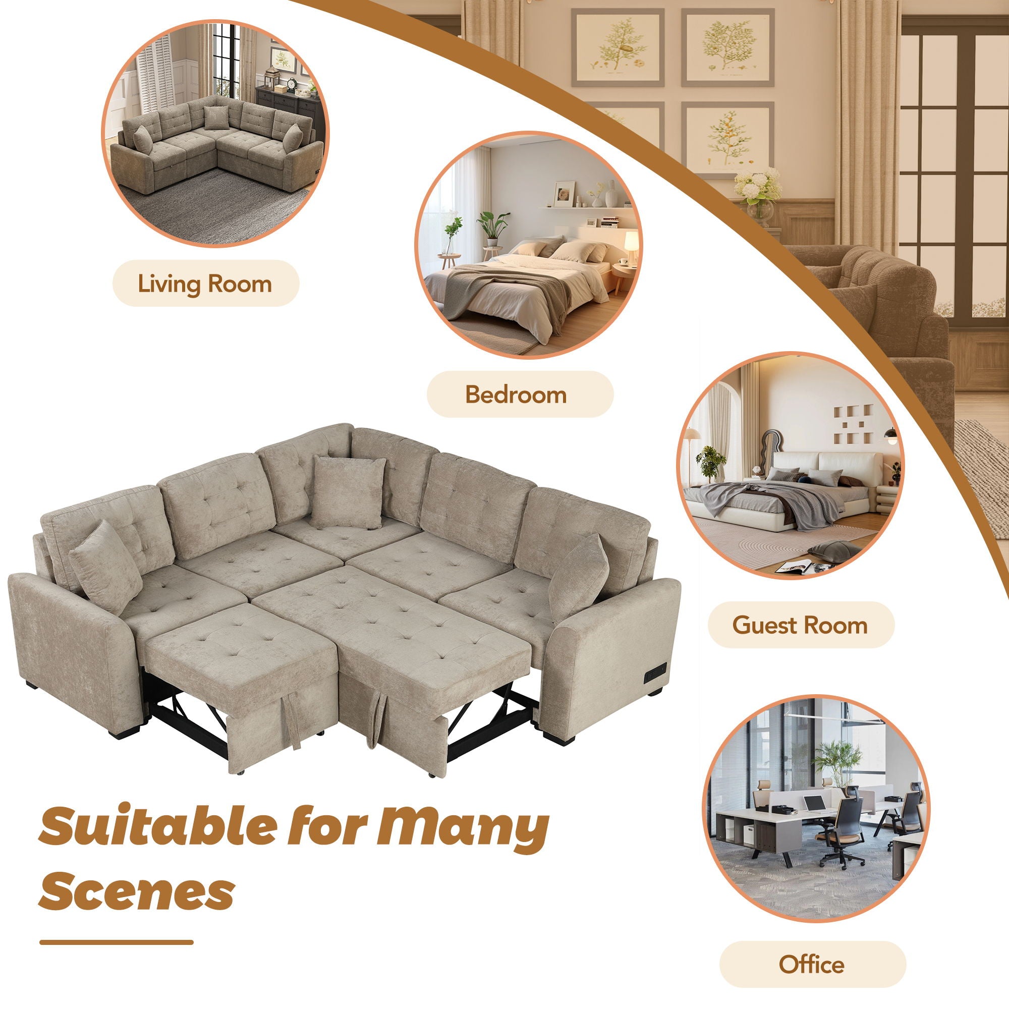 L-Shape Sofa Bed Pull-Out Sleeper Sofa With Wheels, USB Ports, Power Sockets For Living Room - Best Buy Furniture