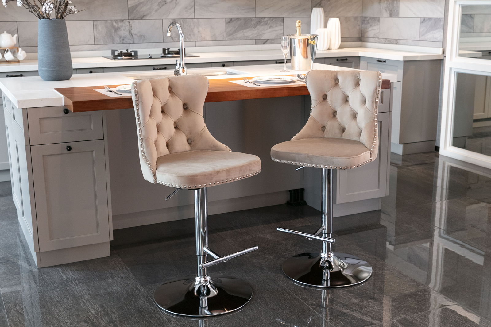 Swivel Velvet Barstools Adjusatble Seat Height From 25-33", Modern Upholstered Chrome Base Bar Stools With Backs Comfortable Tufted For Home Pub And Kitchen Island (Set of 2) - Best Buy Furniture