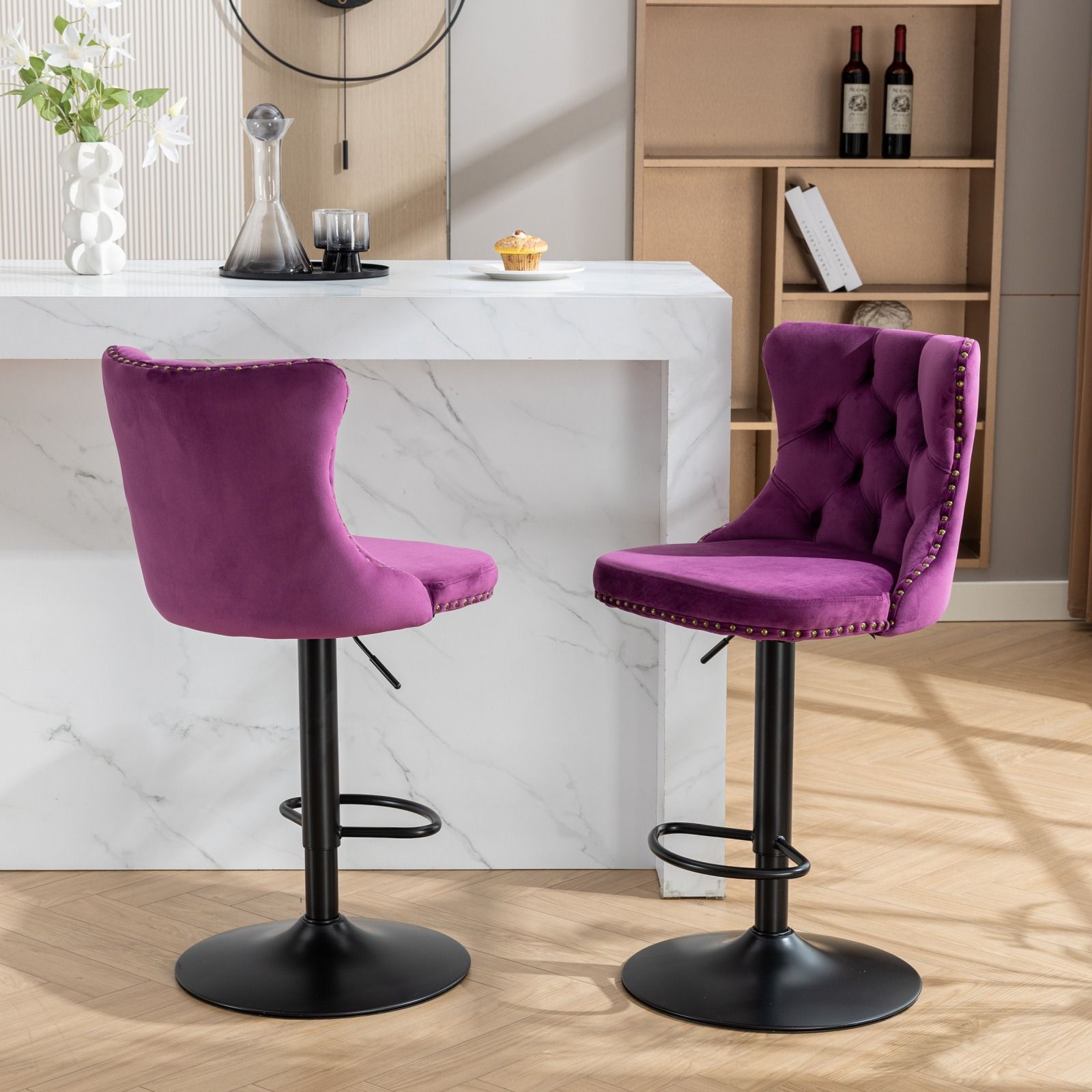 Swivel Velvet Barstools Adjusatble Seat Height, Modern Upholstered Bar Stools With Backs Comfortable Tufted For Home Pub And Kitchen Island (Set of 2) - Best Buy Furniture