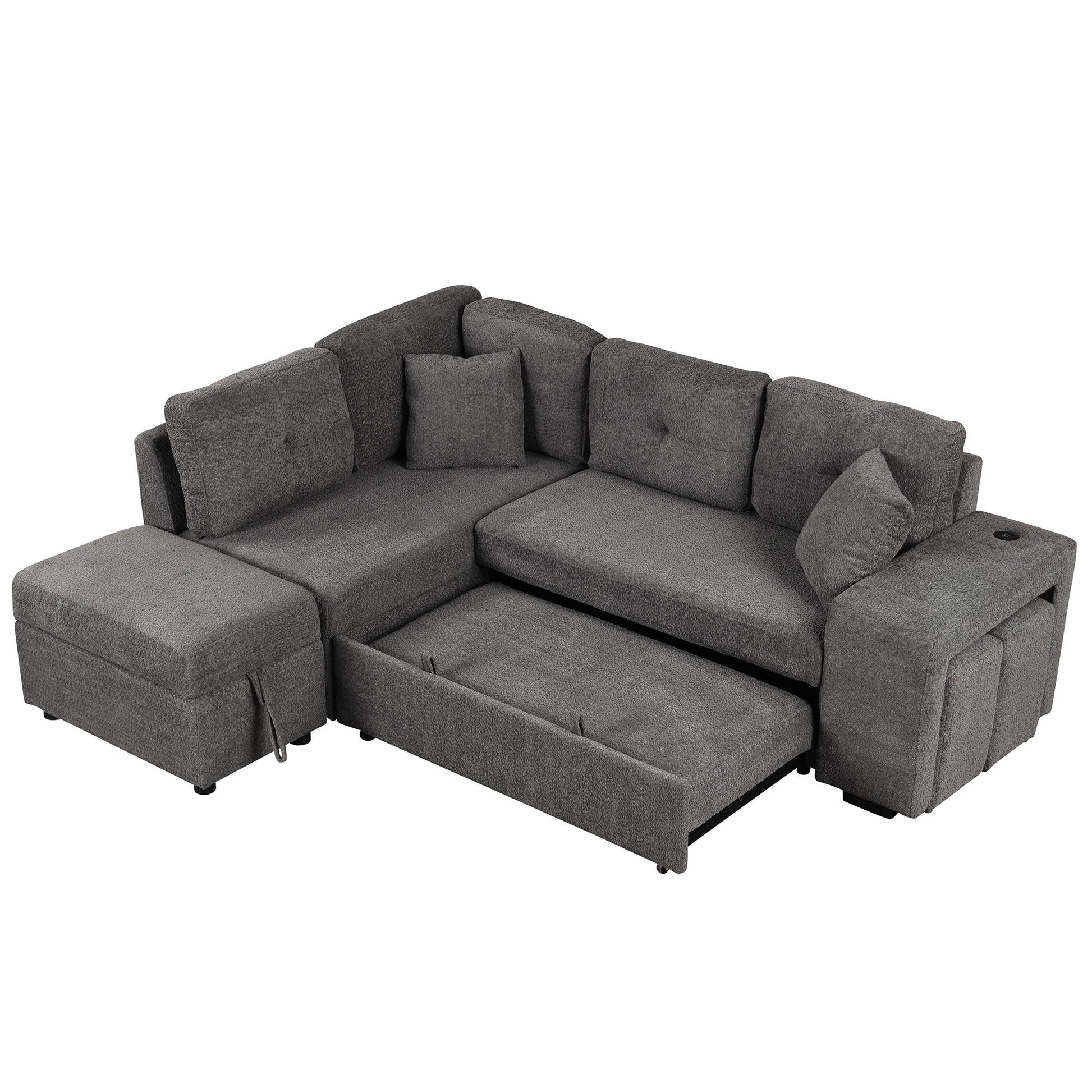 Convertible Sleeper, Sectional Pull Out Sofa Bed With Storage Ottoman, 2 Throw Pillows, 2 Stools, Wireless Charger And Two Hidden USB Ports For Living Room - Best Buy Furniture