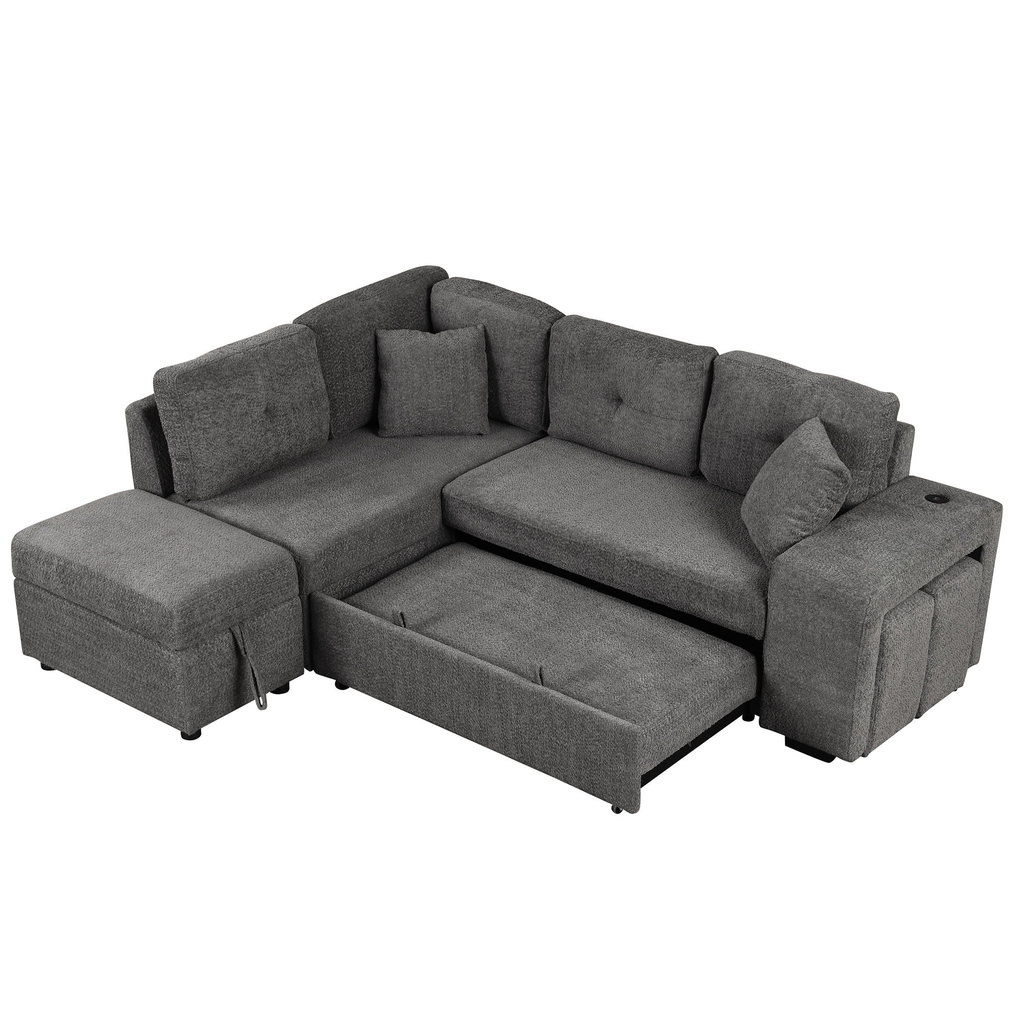 Convertible Sleeper, Sectional Pull Out Sofa Bed With Storage Ottoman, 2 Throw Pillows, 2 Stools, Wireless Charger And Two Hidden USB Ports For Living Room - Best Buy Furniture