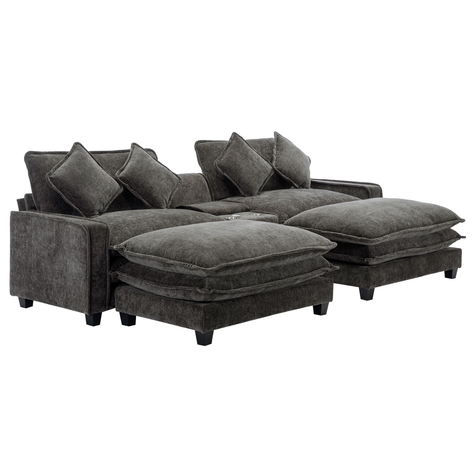 Sectional Sofa Chenille Upholstered Sofa With Two Removable Ottoman, Two USB Ports, Two Cup Holders And Large Storage Box For Living Room - Best Buy Furniture