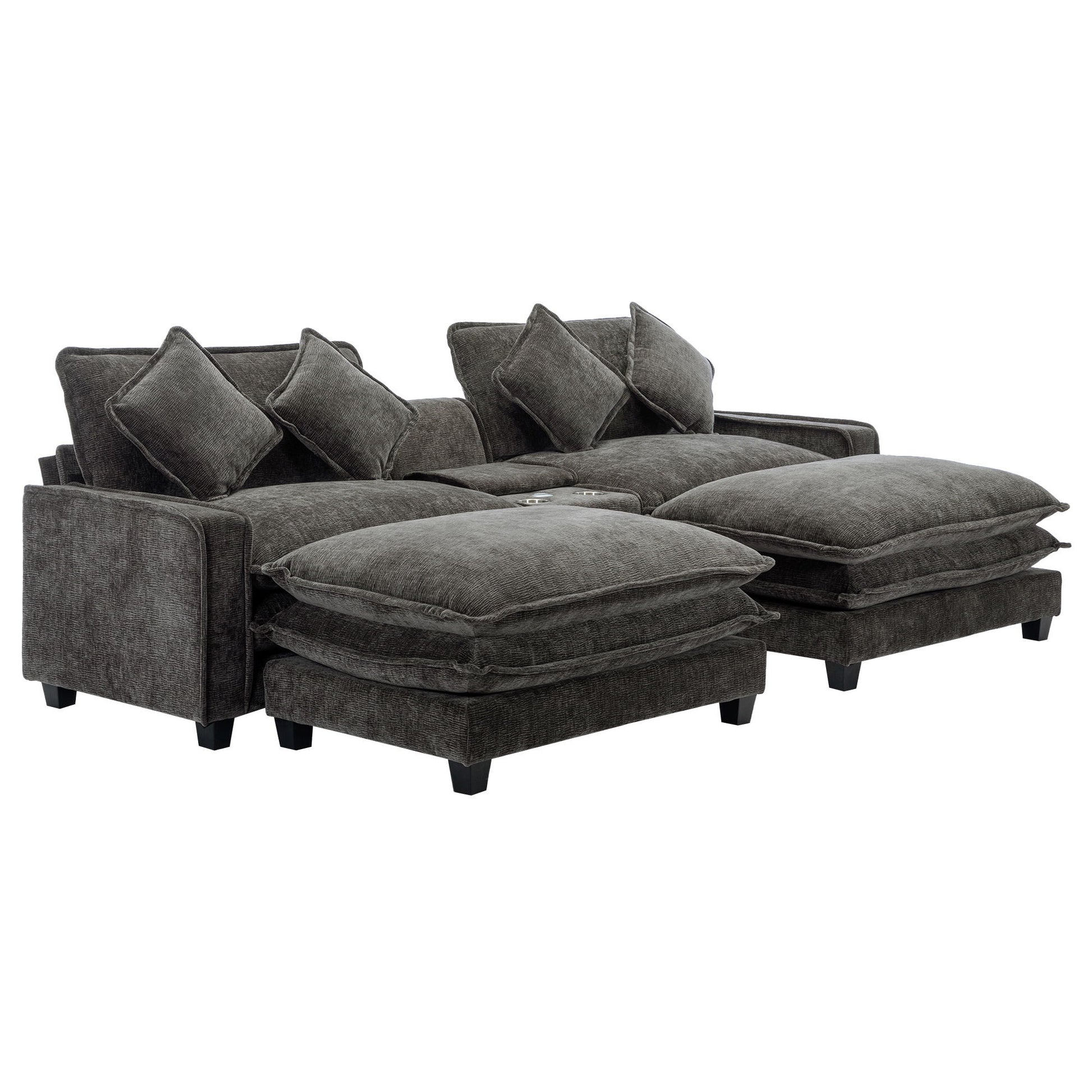 Sectional Sofa Chenille Upholstered Sofa With Two Removable Ottoman, Two USB Ports, Two Cup Holders And Large Storage Box For Living Room - Best Buy Furniture