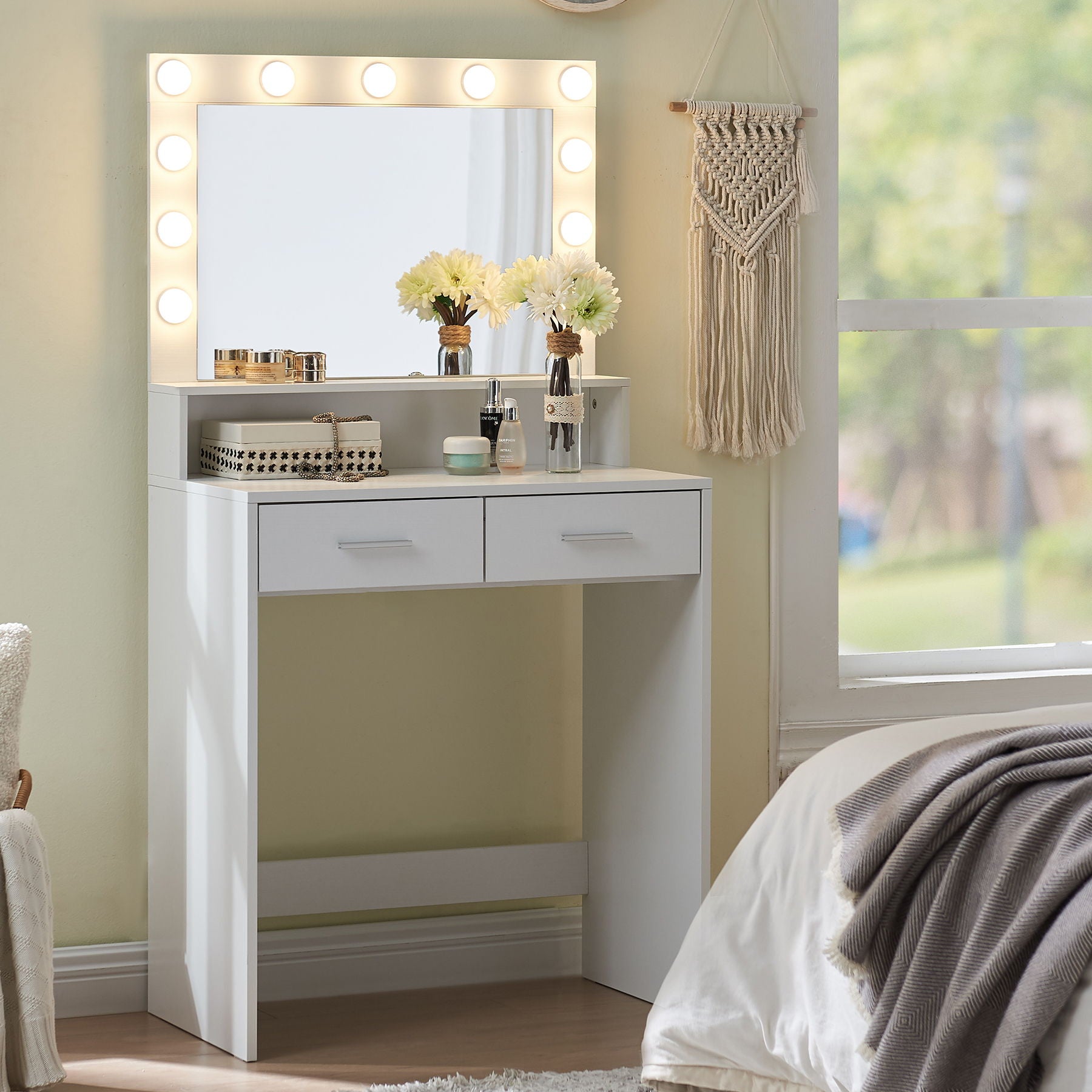 Vanity Desk With Mirror And Lights, Dressing Table With Large Drawer, 2 Level Storage Dresser & 3 Lighting Modes Adjustable Brightness, Suitable For Bedroom - Best Buy Furniture