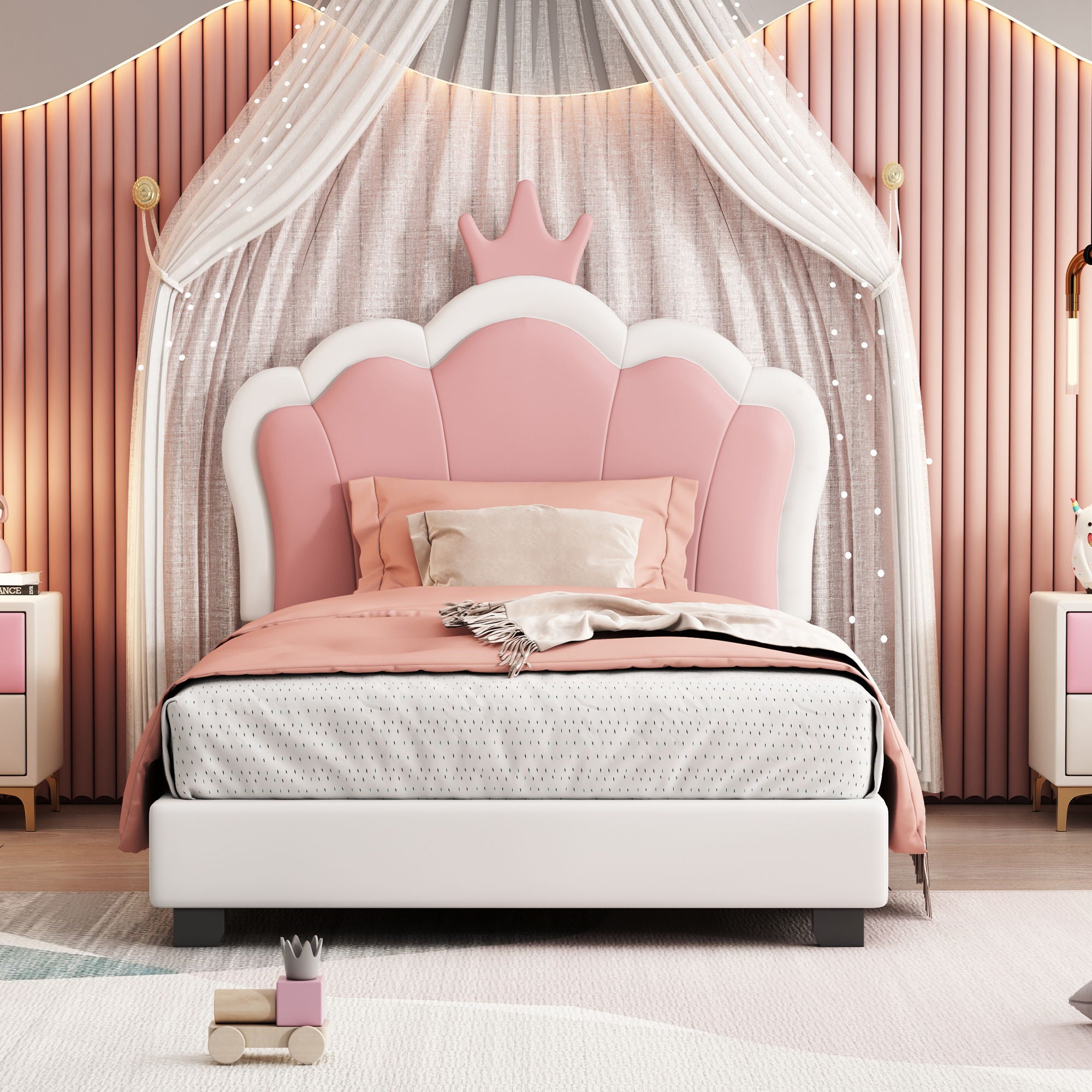 Twin Size Upholstered Princess Bed & Crown Headboard, Platform Bed With Headboard And Footboard - White / Pink - Best Buy Furniture