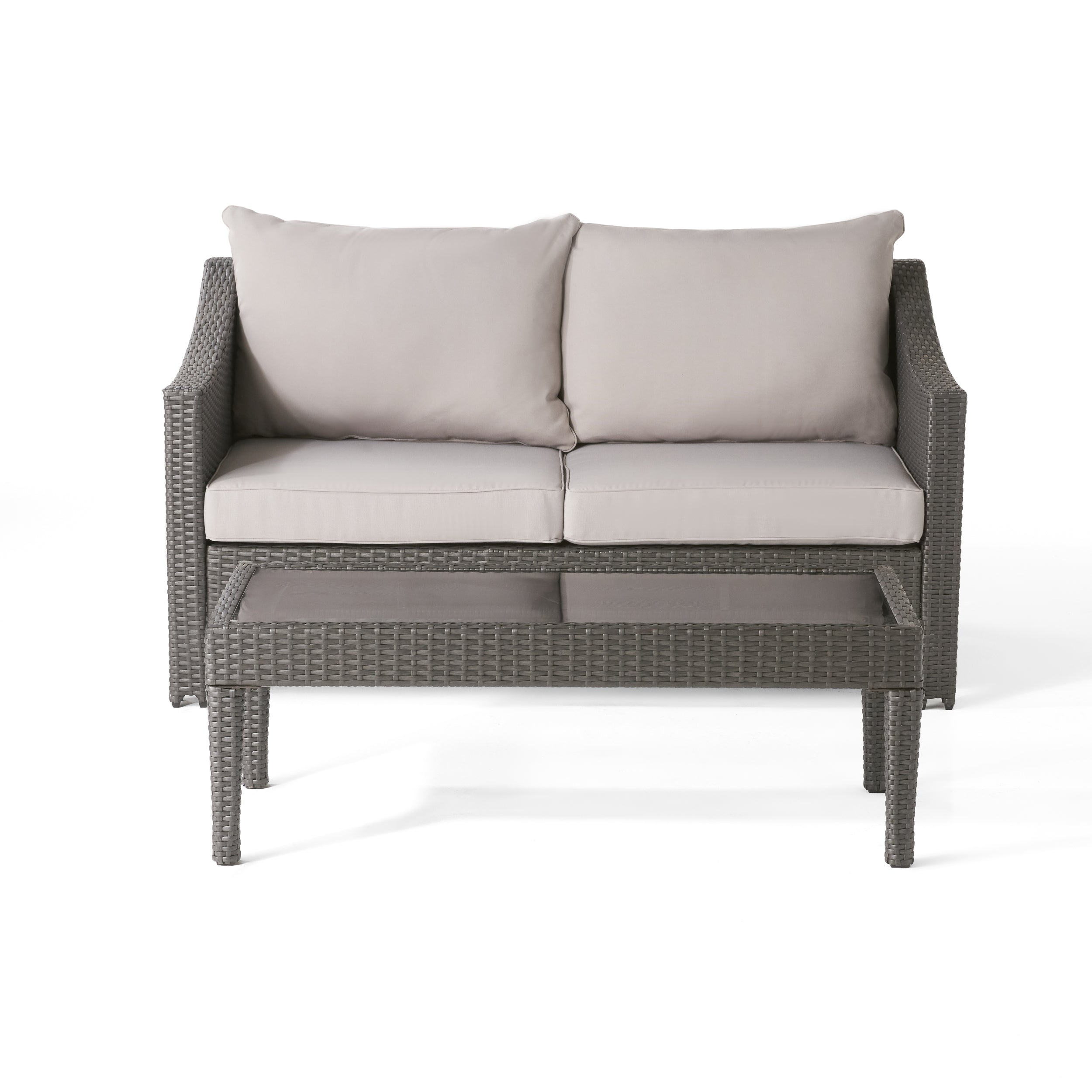 2-Piece Outdoor Wicker Loveseat & Table Set with Water-Resistant Cushions – Grey - Best Buy Furniture