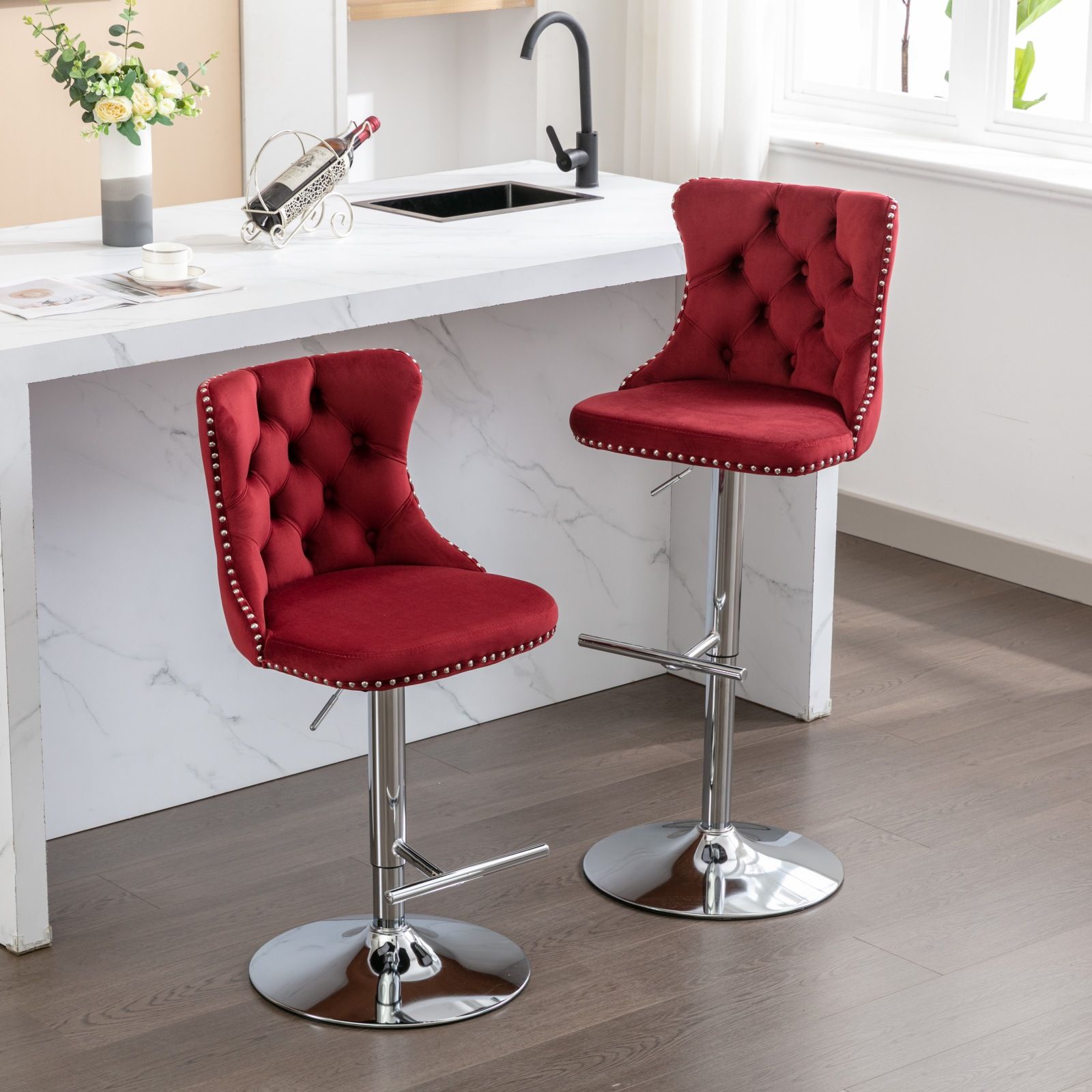 Swivel Velvet Barstools Adjusatble Seat Height From 25-33", Modern Upholstered Chrome Base Bar Stools With Backs Comfortable Tufted For Home Pub And Kitchen Island (Set of 2) - Best Buy Furniture