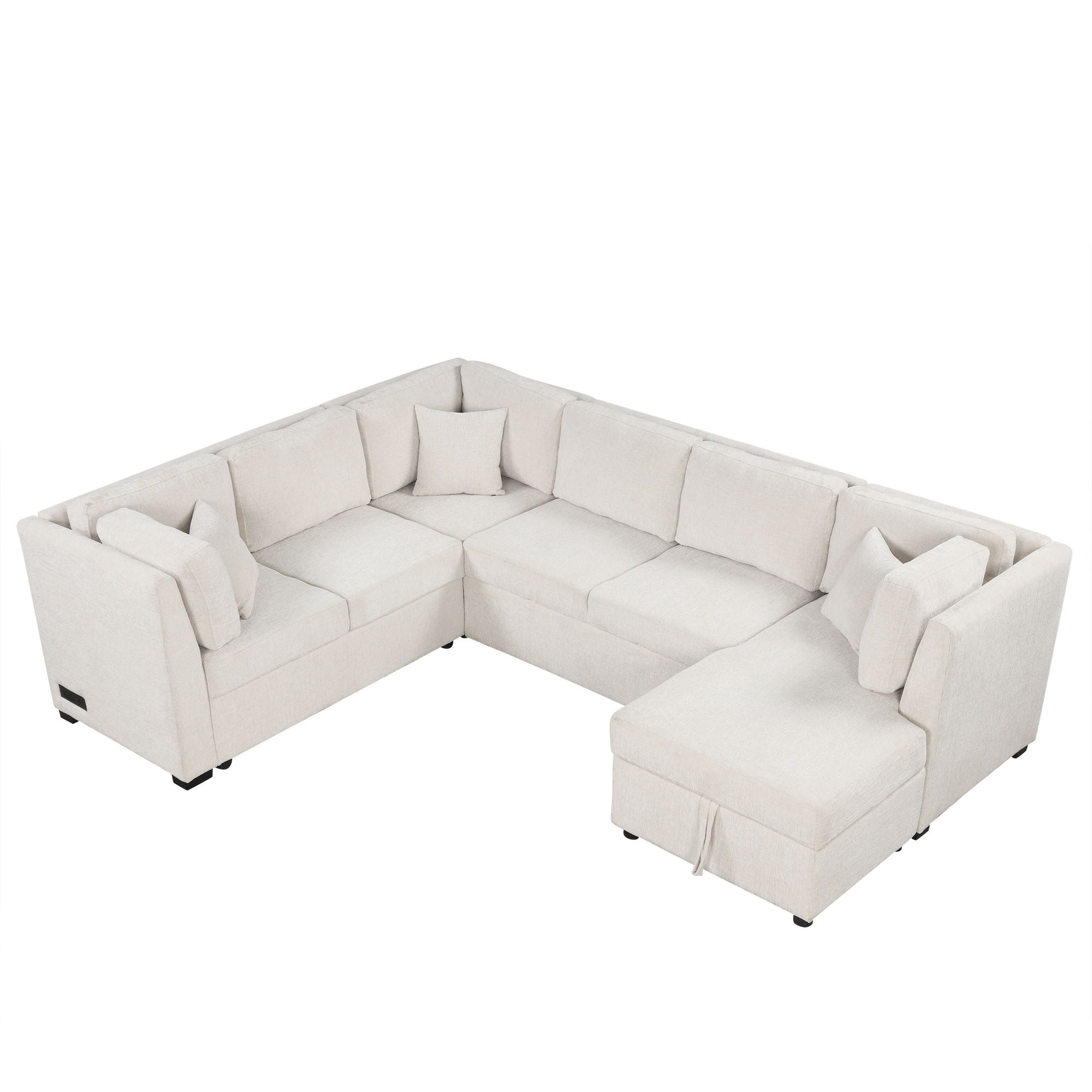 U-Shaped Sectional Sofa Pull Out Sofa Bed With Two USB Ports, Two Power Sockets, Three Back Pillows And A Storage Chaise For Living Room - Best Buy Furniture
