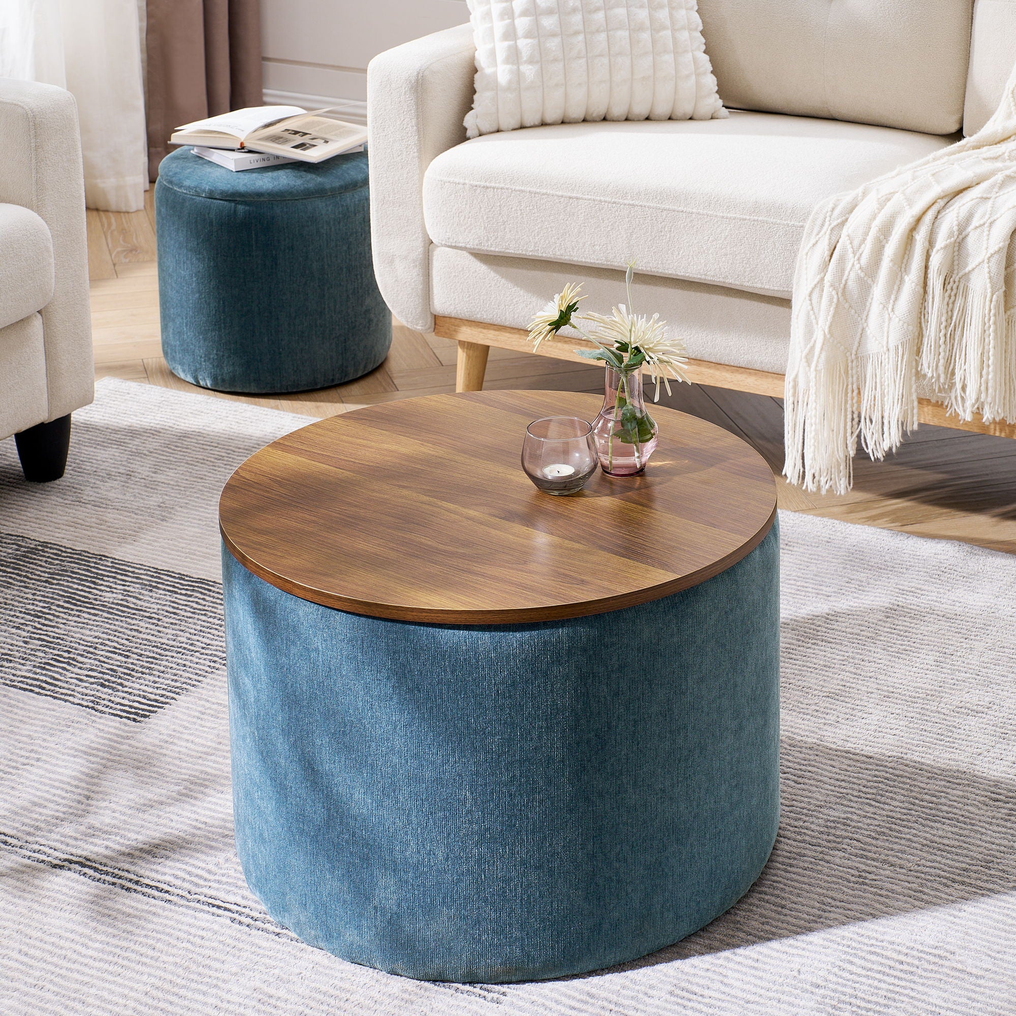 Classic 2 Piece Round Storage Ottoman Set With Drum Shaped Stool - Best Buy Furniture