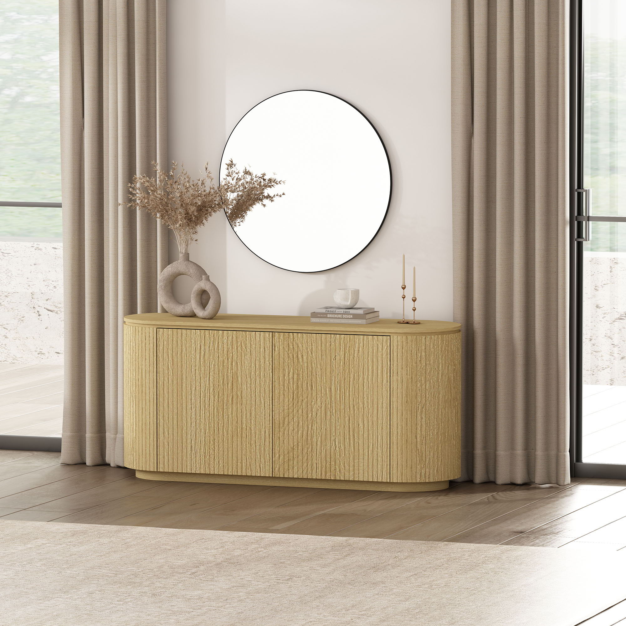 Olivia - Sideboard With 4 Adjustable Shelves With Handle Free Doors And Rounded Edges - Oak