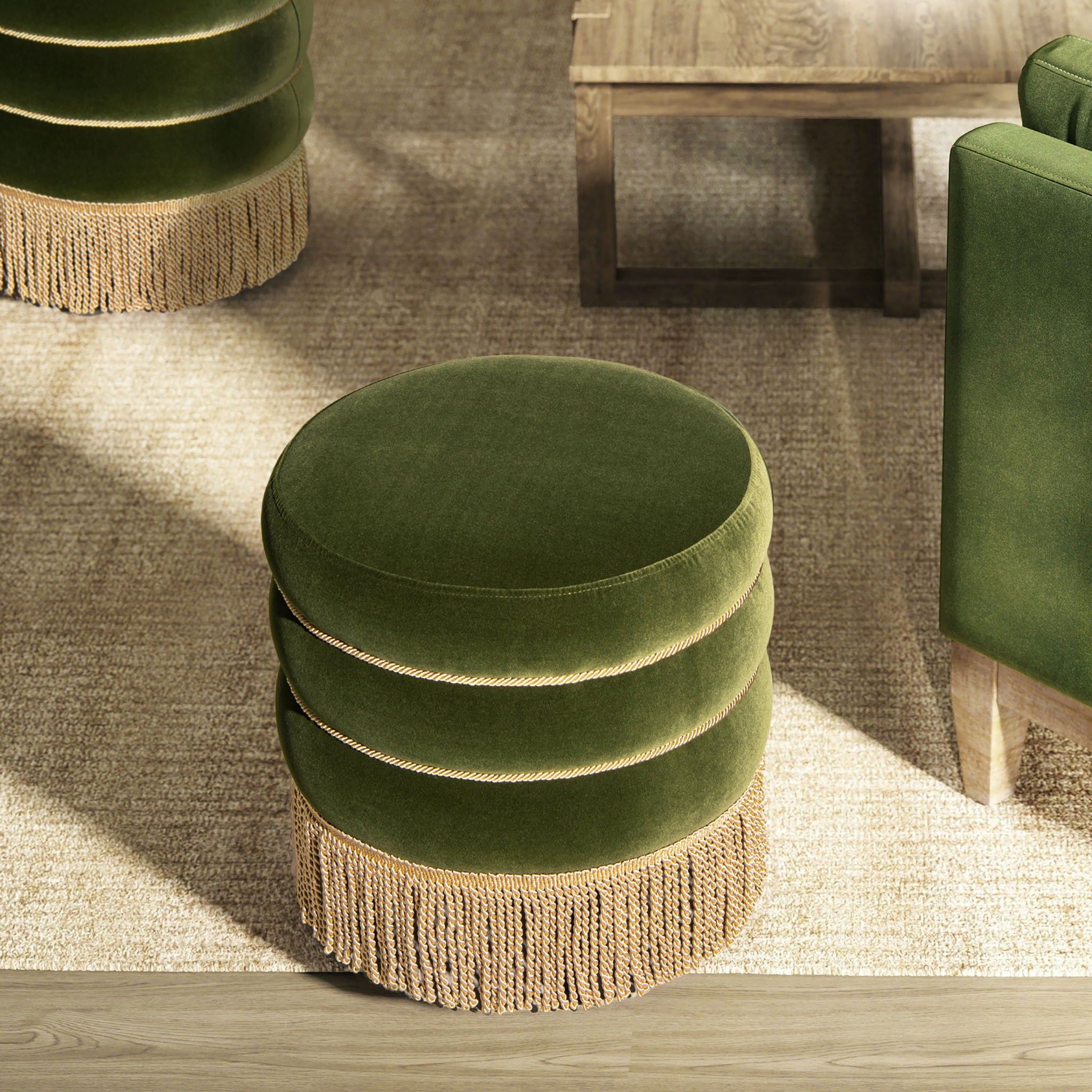 Edward - Round Upholstered Ottoman With Bullion Fringe - Olive Green - Best Buy Furniture
