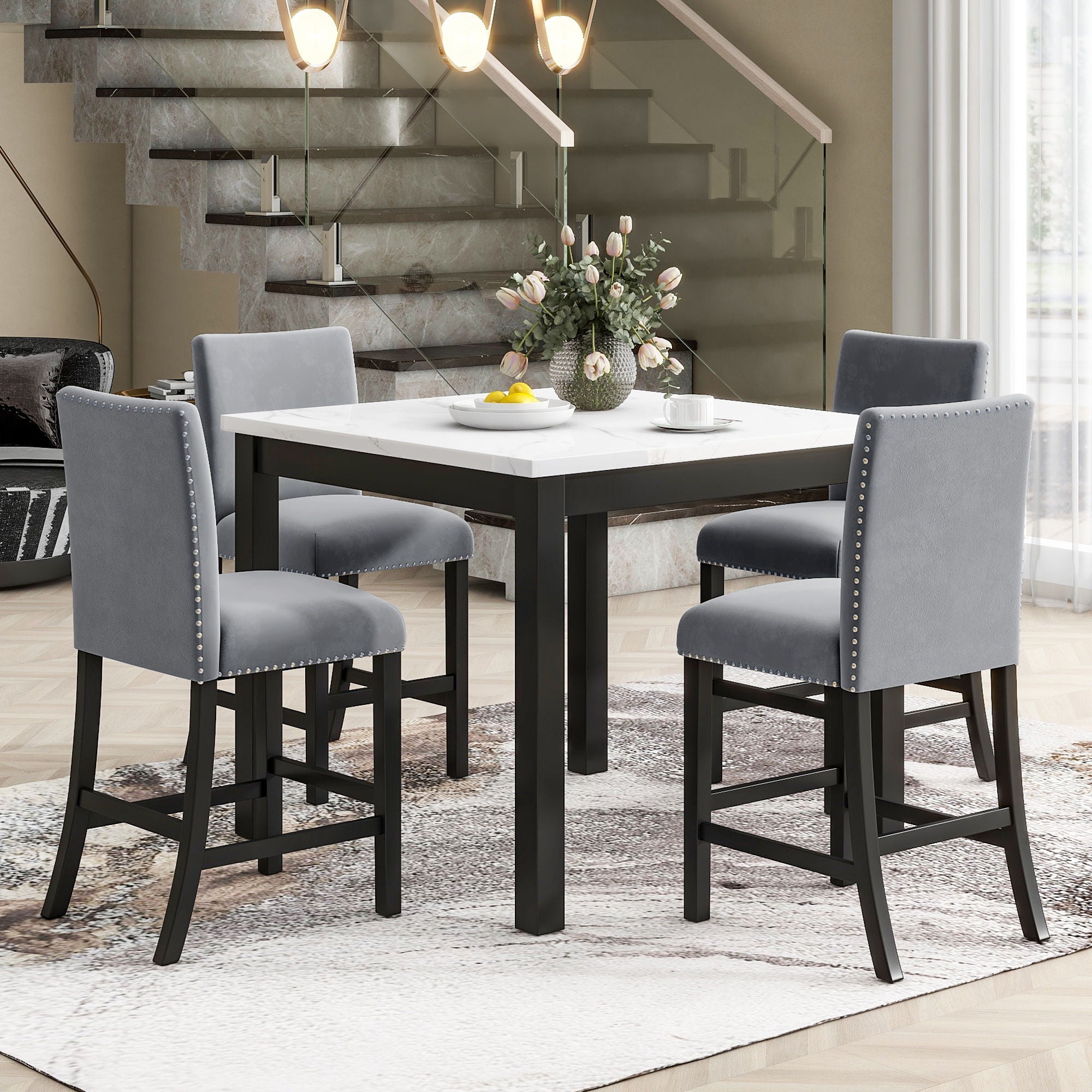5-Piece Counter Height Dining Table Set With One Faux Marble Top Dining Table And Four Velvet Upholstered Chairs - Best Buy Furniture