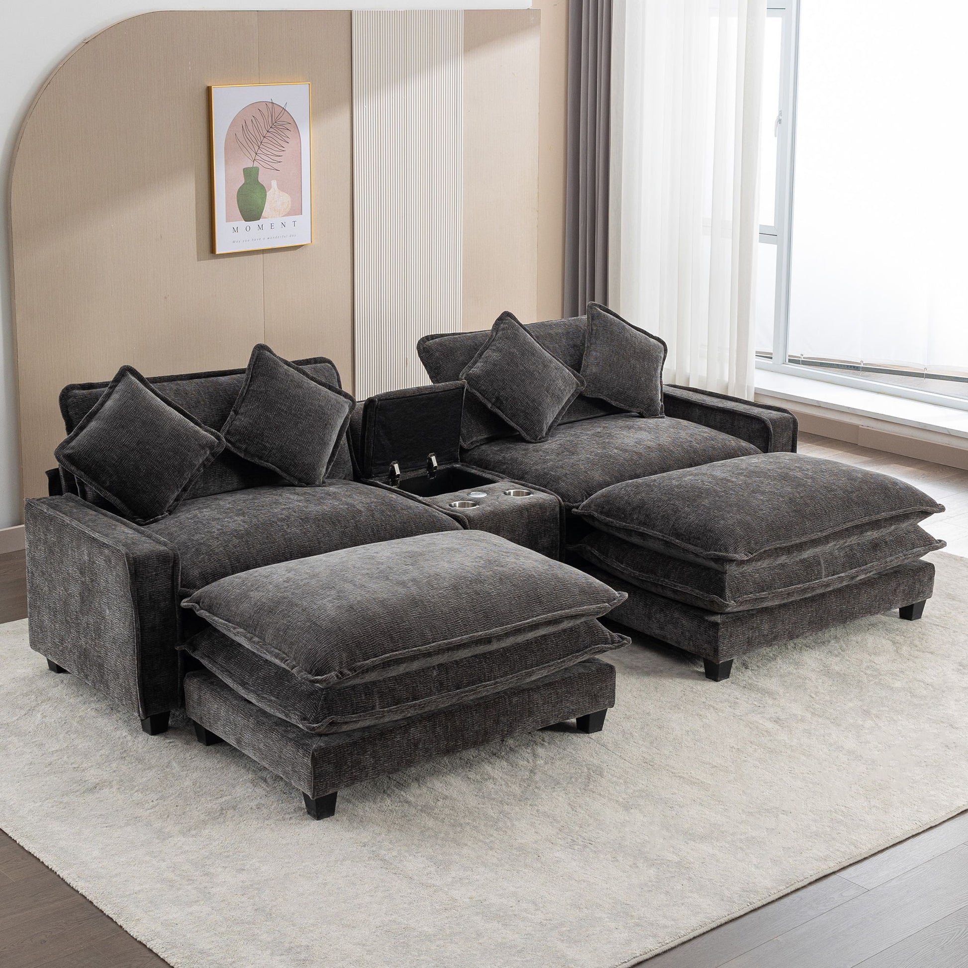Sectional Sofa Chenille Upholstered Sofa With Two Removable Ottoman, Two USB Ports, Two Cup Holders And Large Storage Box For Living Room - Best Buy Furniture